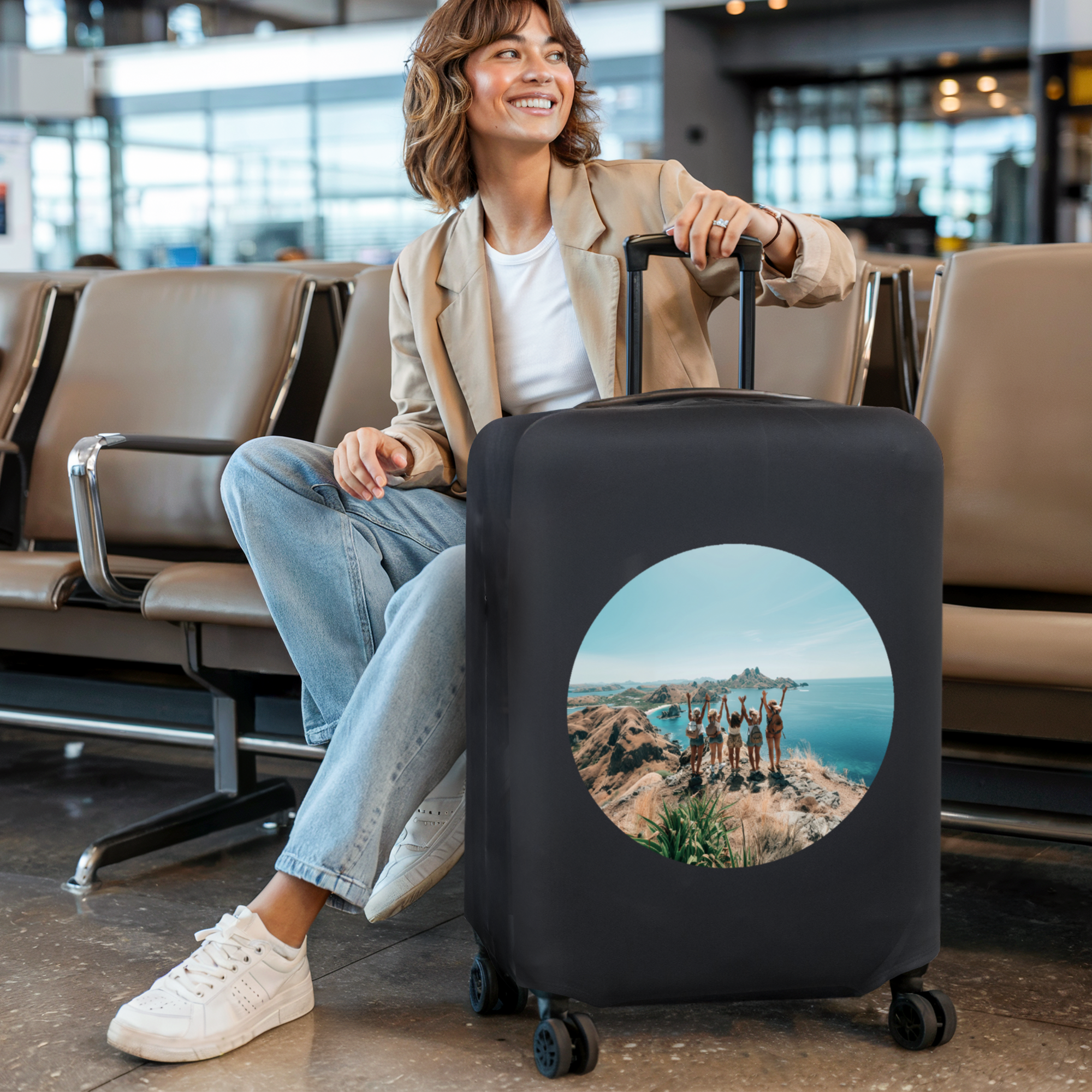 Custodia per valigia personalizzata con foto di amici su una montagna vista mare stampata con foto, vicino a una ragazza sorridente