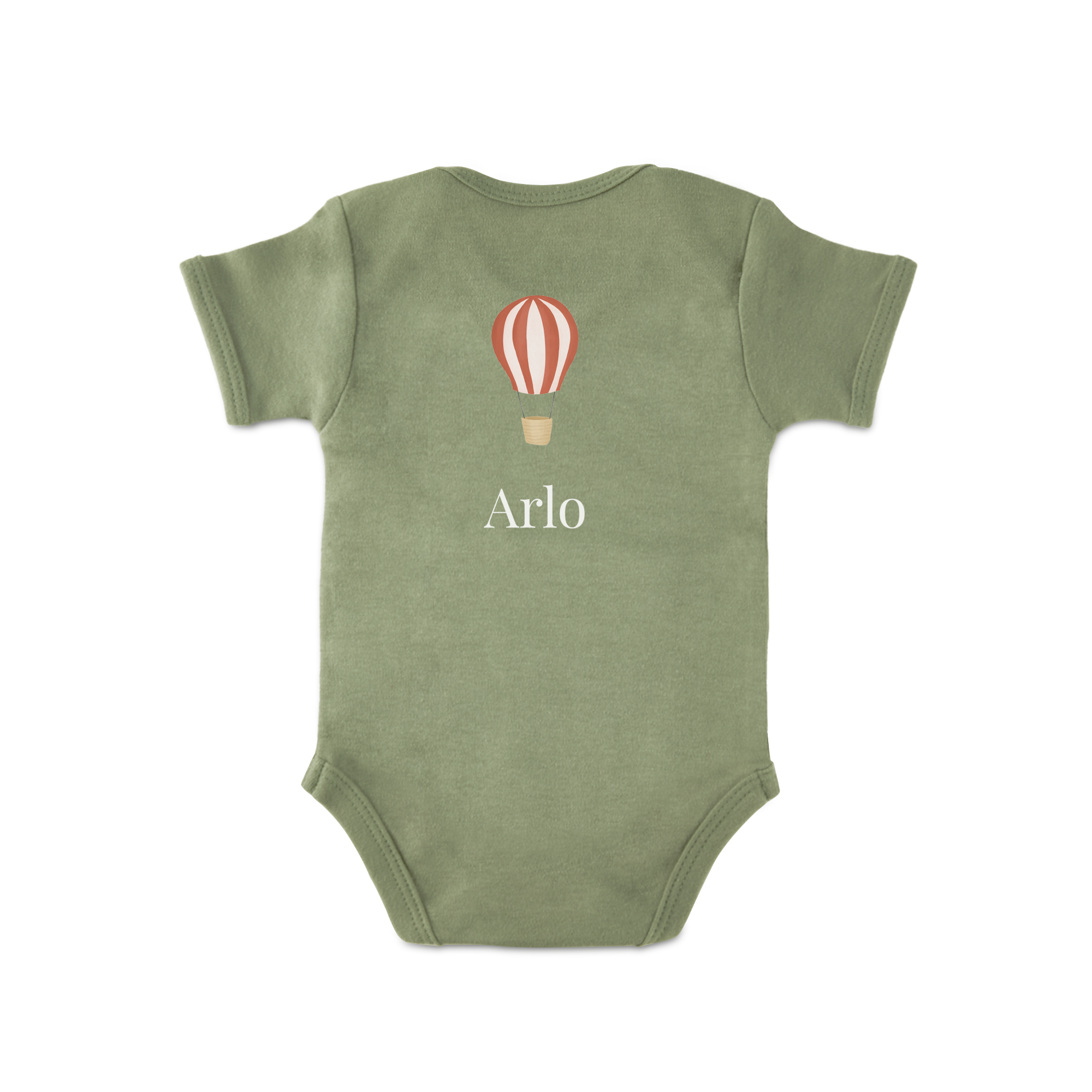 Cute green babygrow printed with a hot air balloon and the personalized name Arlo perfect for new parents