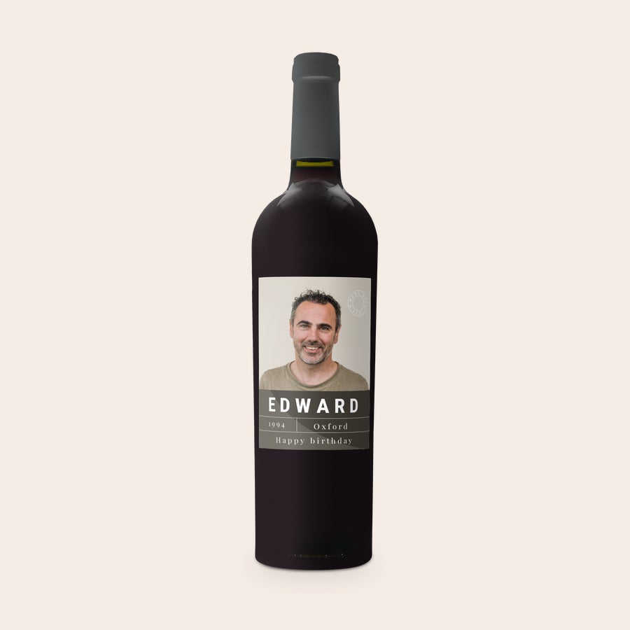 Wine with personalised label - Riondo Merlot Riondo Merlot wine bottle with a personalized label, printed with a photo of a man and text "Edward 1994 Oxford Happy birthday"