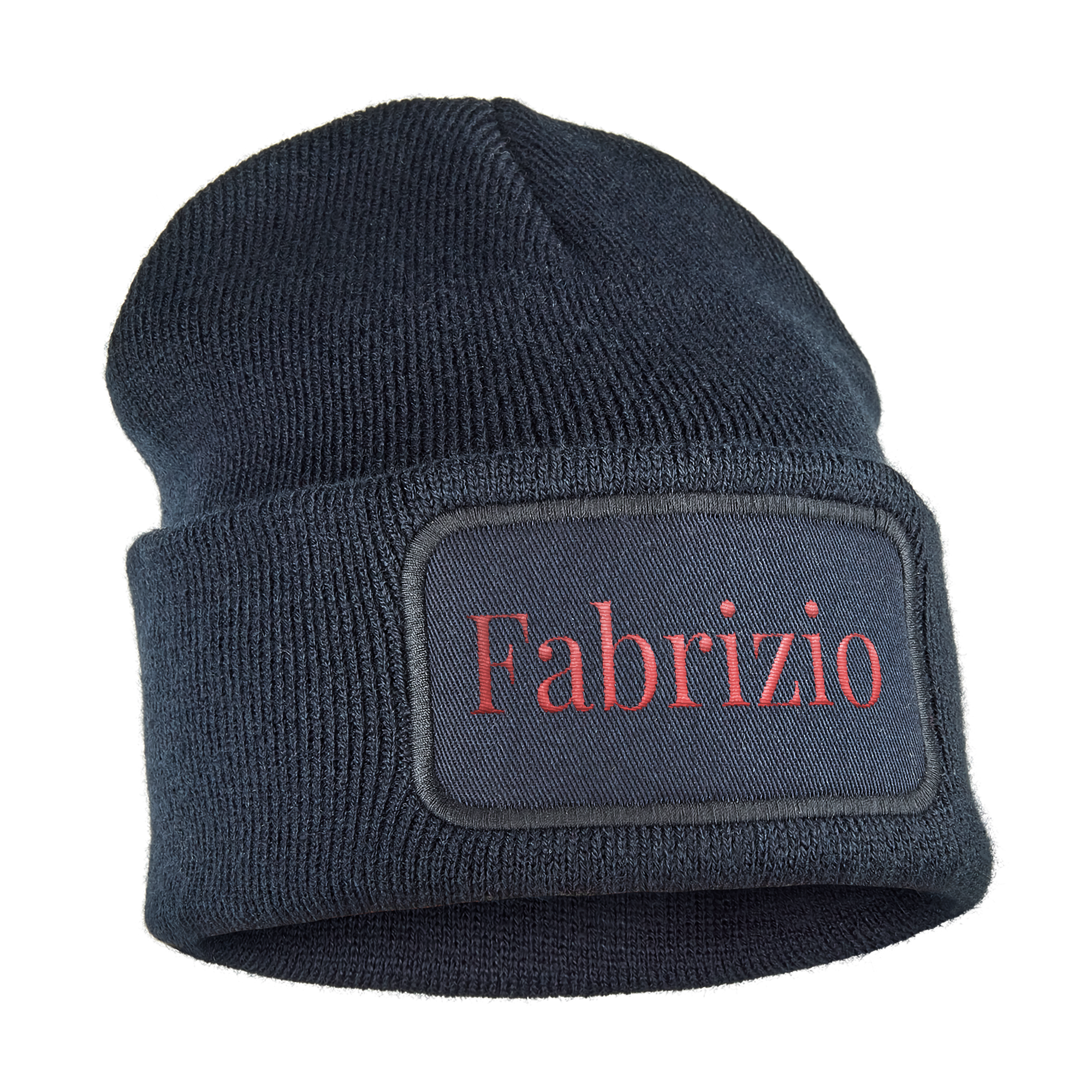Berretto cool blu scuro con nome ricamato in rosso, personalizzato con il nome Fabrizio