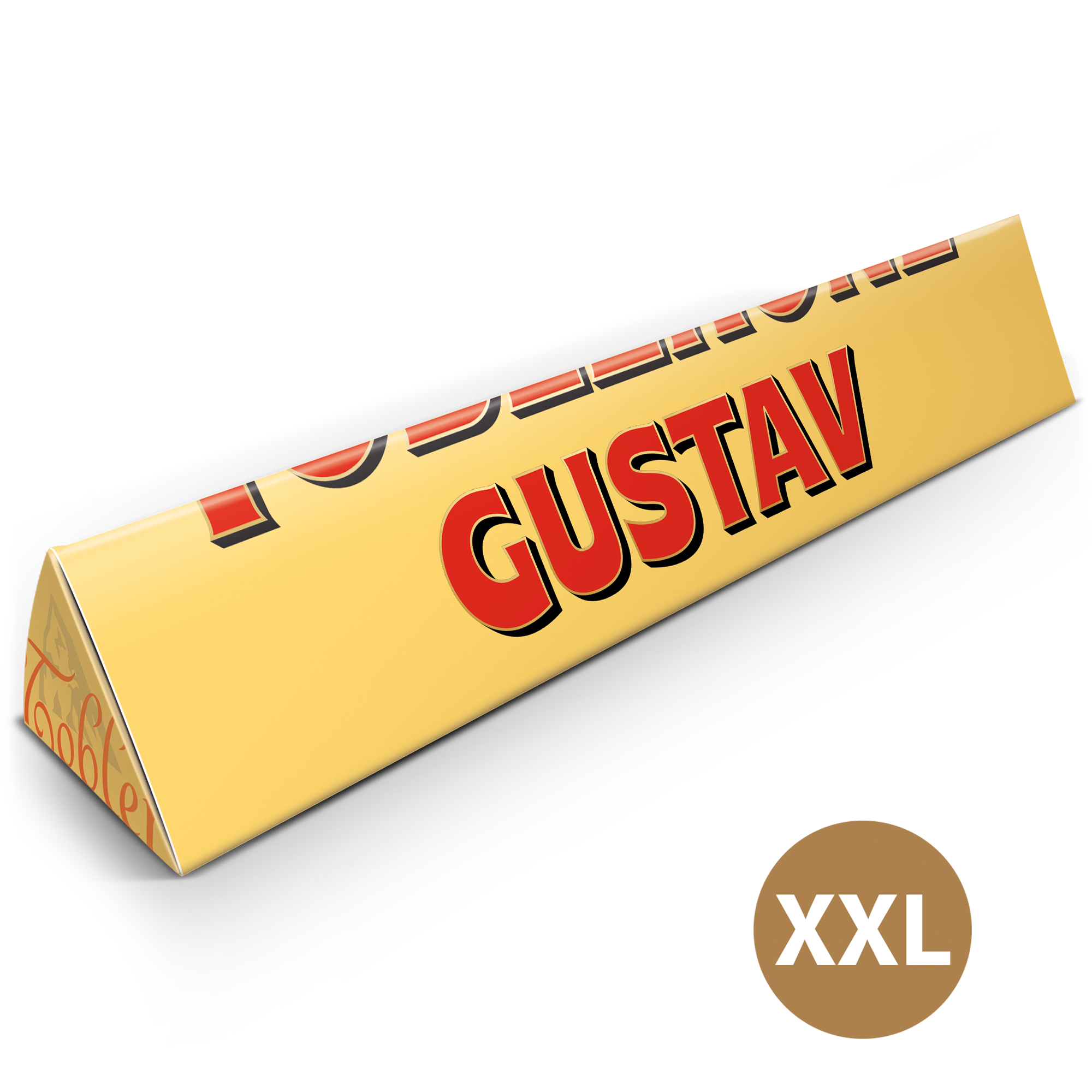 En personaliserad Toblerone XXL med namnet "GUSTAV" tryckt i rött och svart på den gula förpackningen