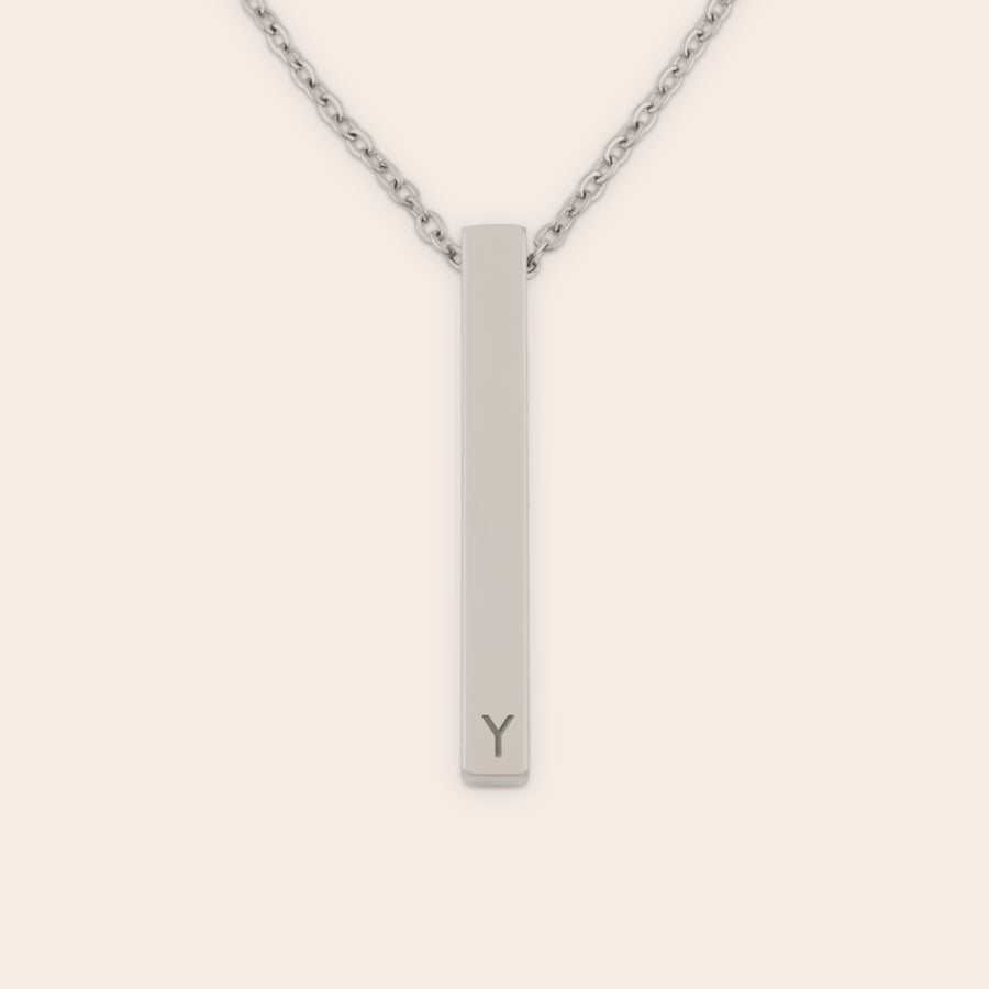 Bar necklace with name Silver personalised engraved bar necklace with the initial Y visible