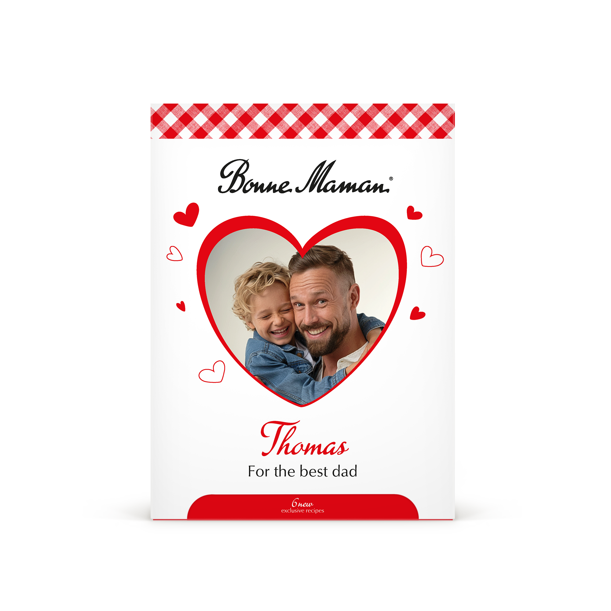 Caixa de presente Bonne Maman com foto de pai e filho, nome Thomas e texto for the best dad. Surpreenda com esta caixa única.