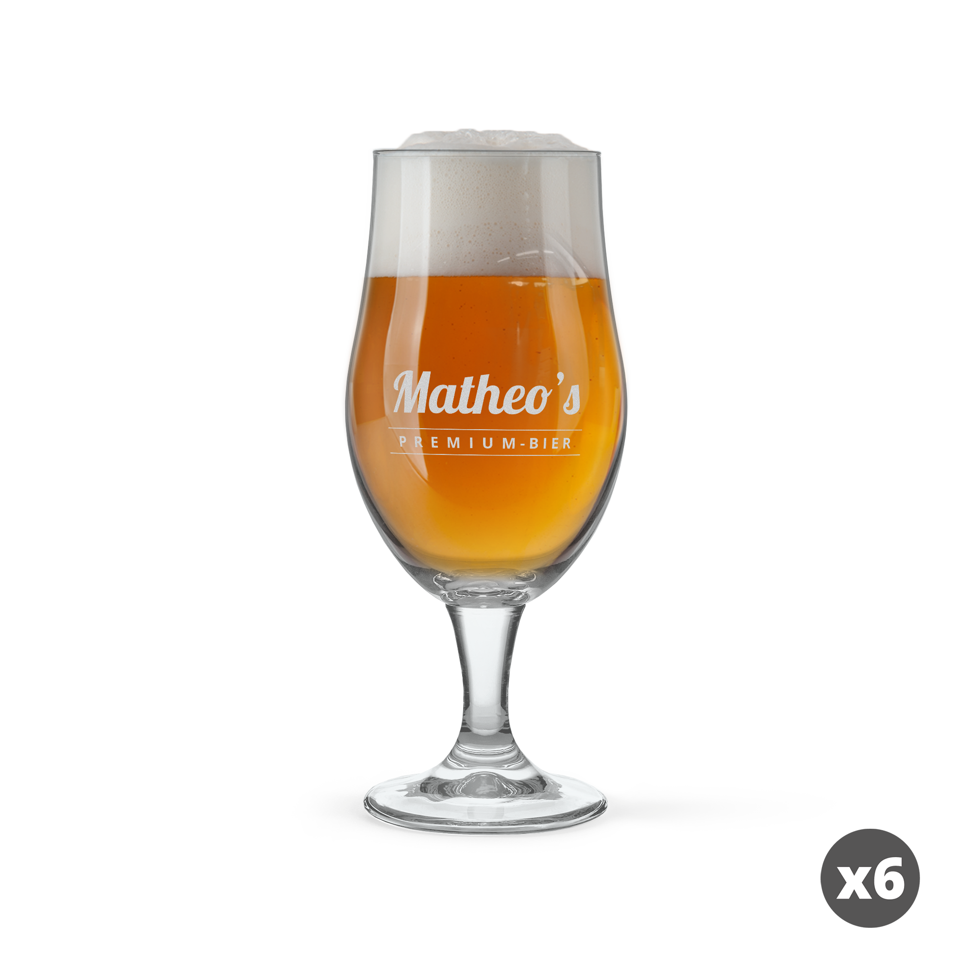 Ein personalisiertes Bierglas mit Namen Matheo's und Premium-Bier-Aufschrift, gefüllt mit goldbraunem Bier und Schaumkrone.