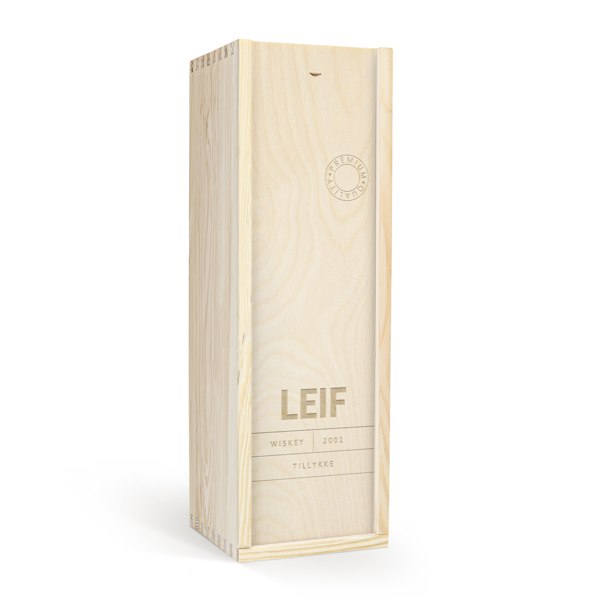 En indgraveret trææske til whisky med navn "LEIF", teksten "WISKEY 2001" og "TILLYKKE", perfekt til at overraske dem du holder af.