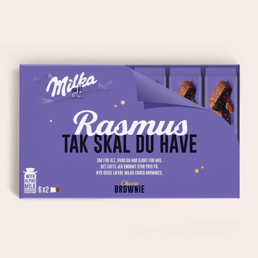 Milka Choco Brownie gaveæske Milka Choco Brownie gaveæske med Rasmus TAK SKAL DU HAVE trykt på, og 6x2 chokoladebrownies.