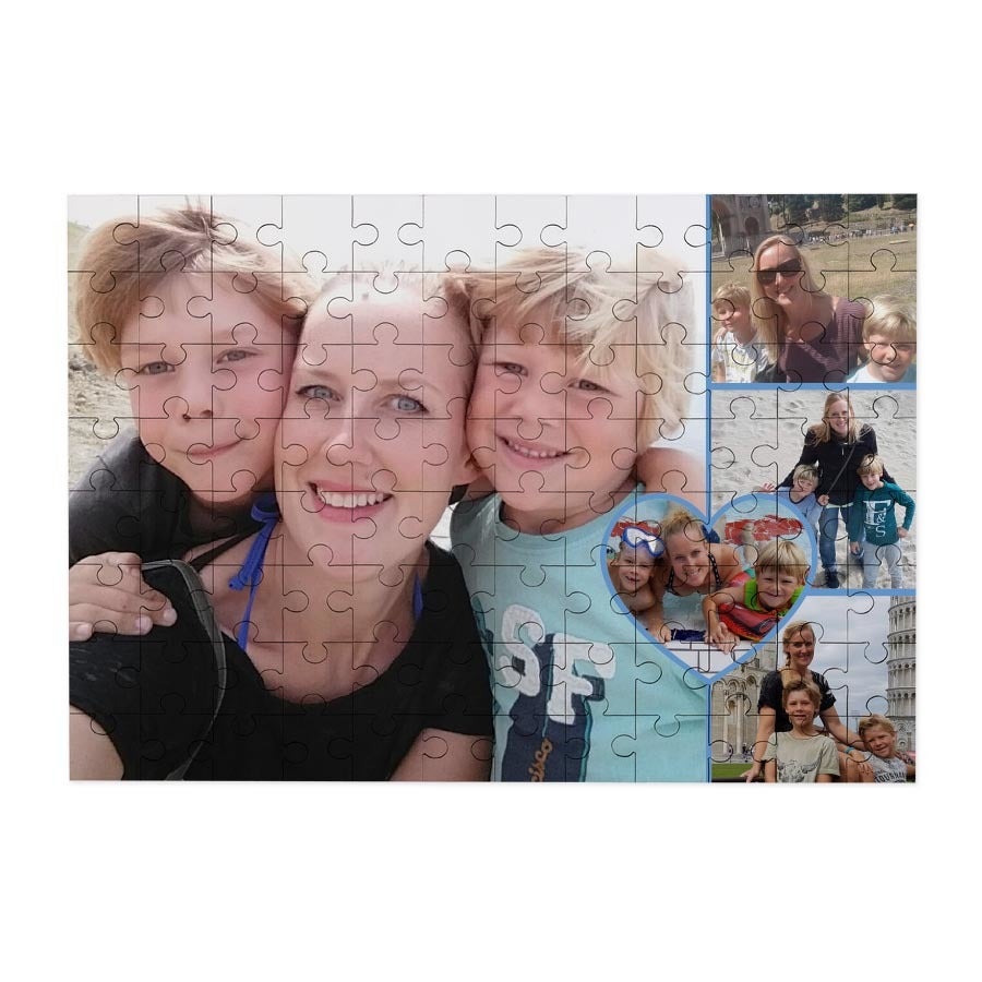 Puzzle personalizado com colagem de fotos de família, com uma mãe e filhos sorrindo.