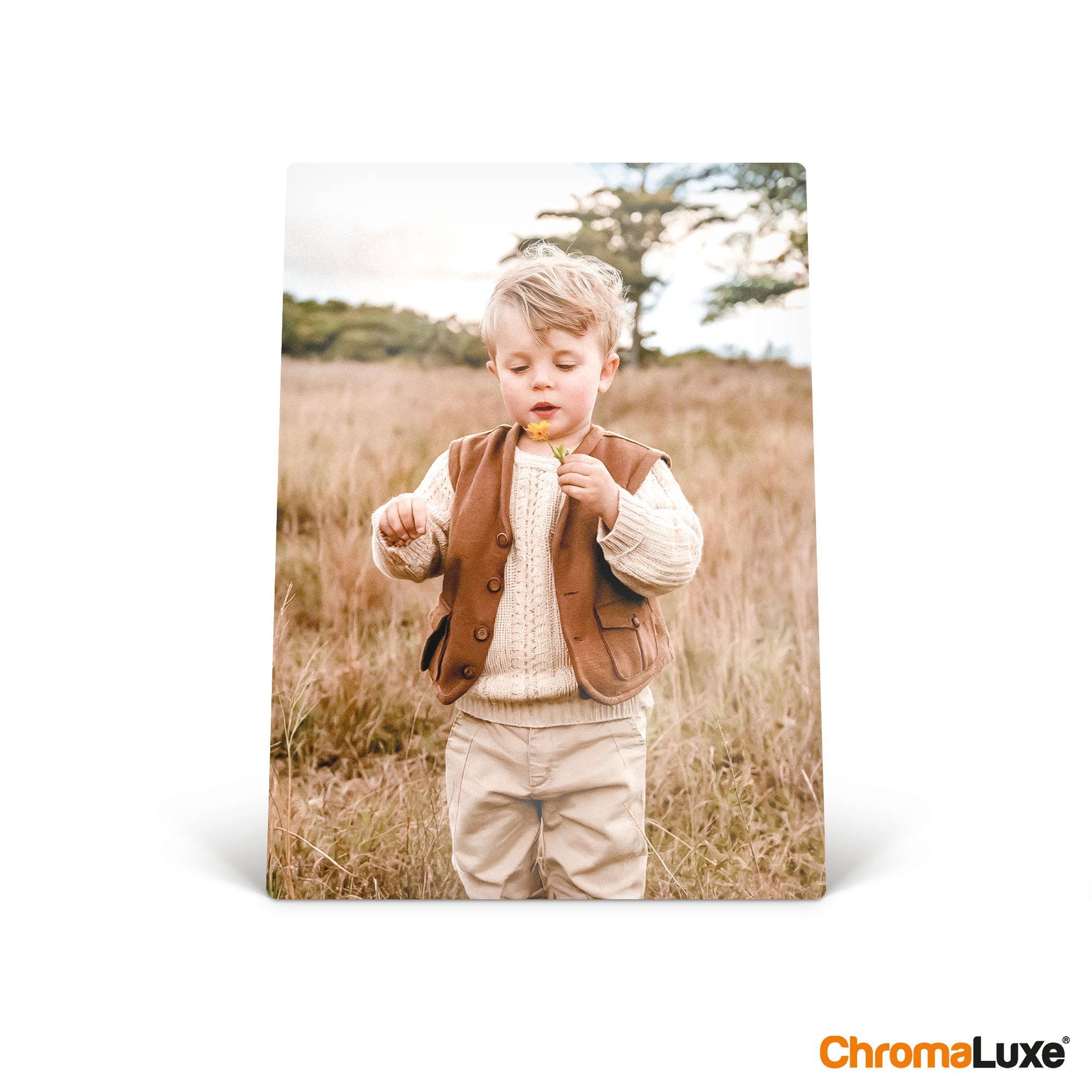 ChromaLuxe aluminium fotoram med personligt foto av ett litet barn i en äng.