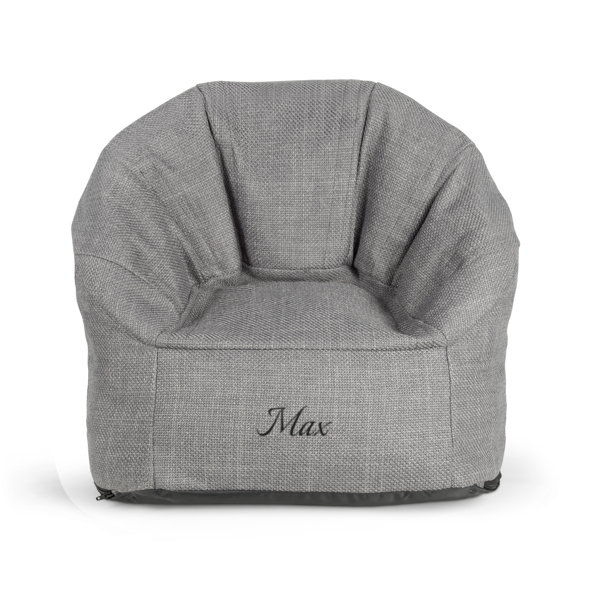 Šedá dětská židlička s vyšívaným jménem Max, ideální jako dětská židle s vlastním jménem.