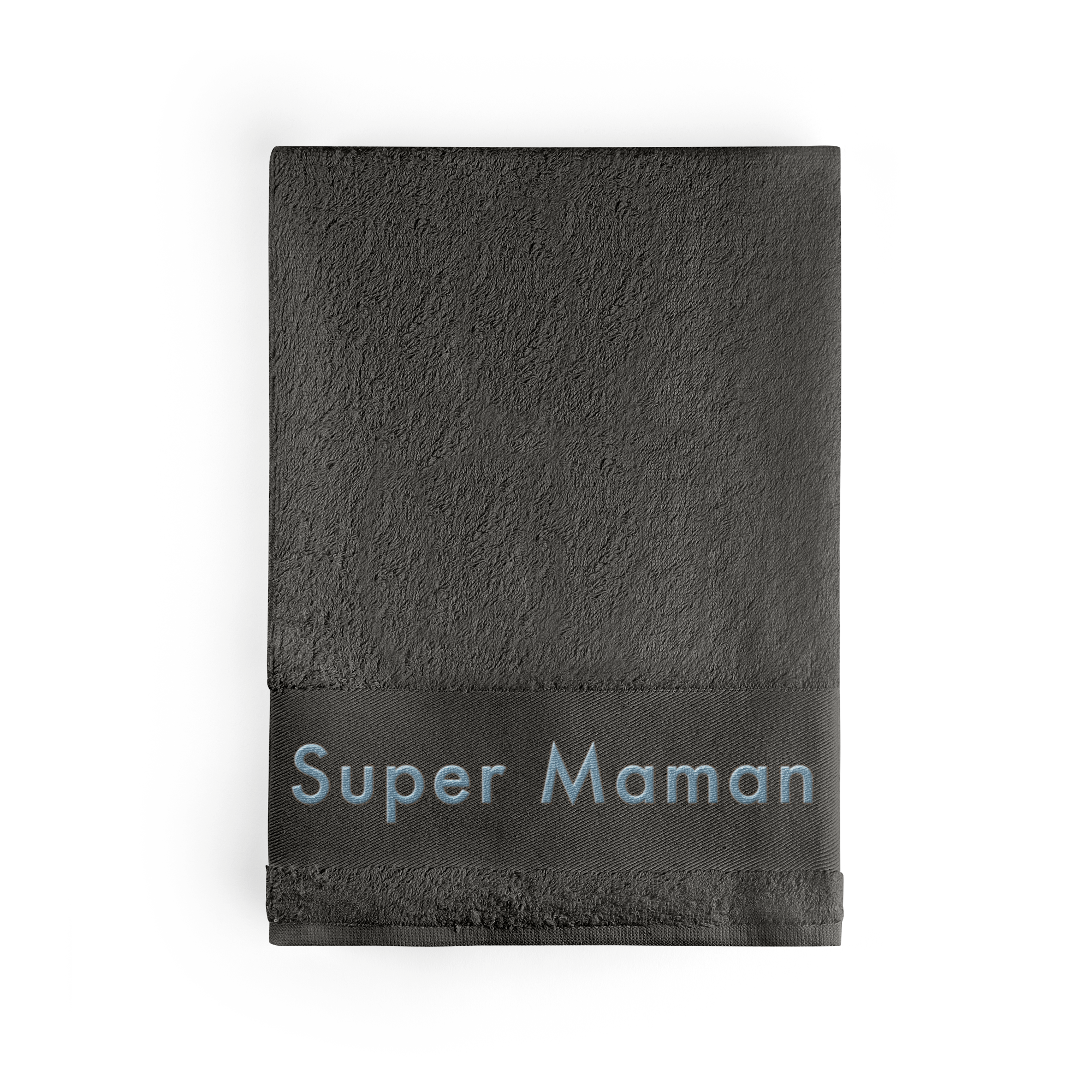 Serviette de bain anthracite personnalisée brodée "Super Maman" en bleu clair, créez un objet unique.