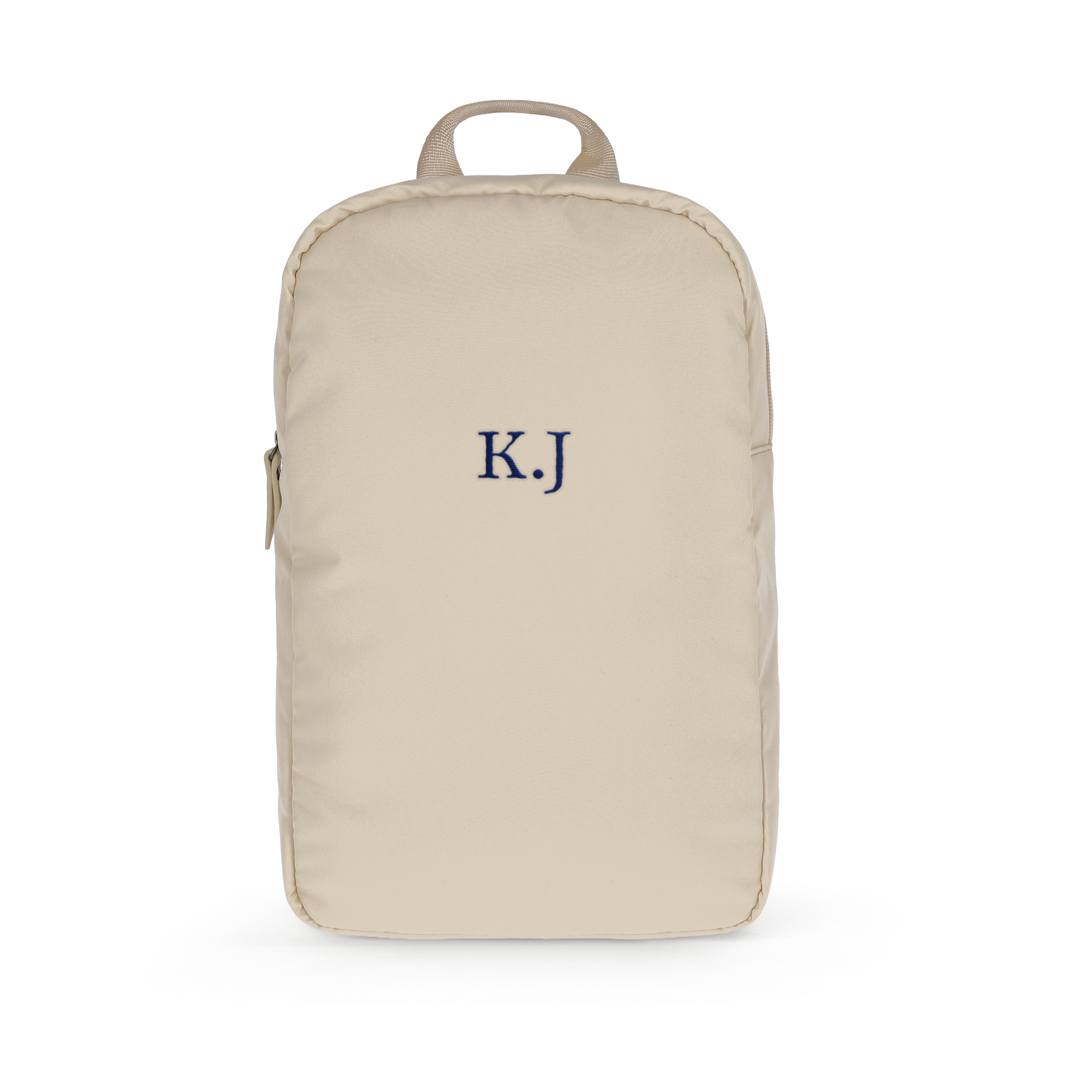 Puffer Rucksack mit Namen – Erwachsene – Taupe, mit gestickten blauen Initialen KJ