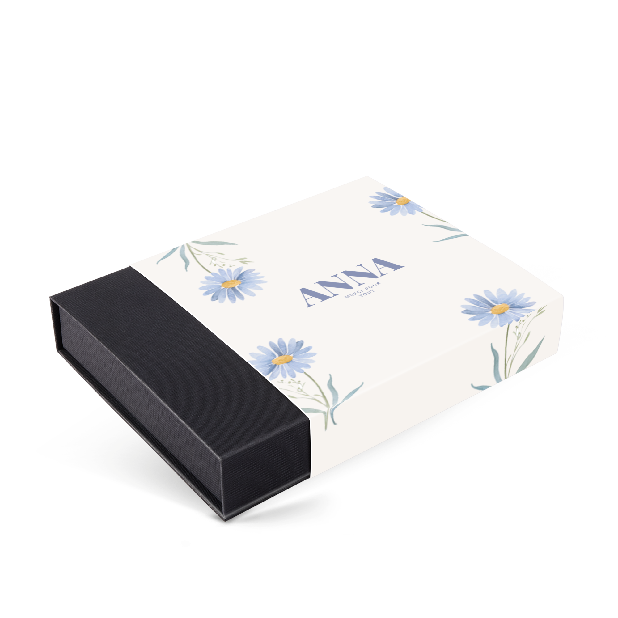 Coffret personnalisé de luxe 25 chocolats imprimé avec des fleurs marguerites et le nom Anna pour une touche spéciale.