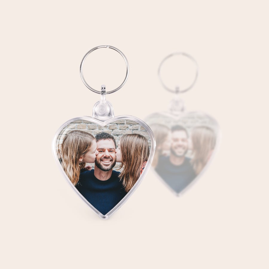 Portachiavi con Foto - Cuore Portachiavi personalizzato a forma di cuore con foto di un papà e due figlie stampata fronte-retro