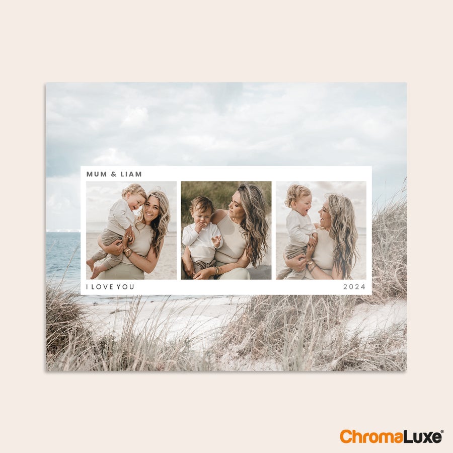 Stampe fotografiche in alluminio - Bianco (Chromaluxe) Stampa fotografica in alluminio Chromaluxe personalizzata con tre foto di madre e figlio, testi "MUM & LIAM", "I LOVE YOU" e "2024"