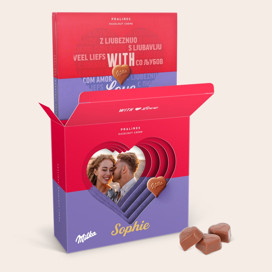 Pudełko upominkowe Milka Chocolate 3D Personalizowane pudełko prezentowe Milka Hearts 3D z nadrukowanym zdjęciem pary i imieniem Sophie