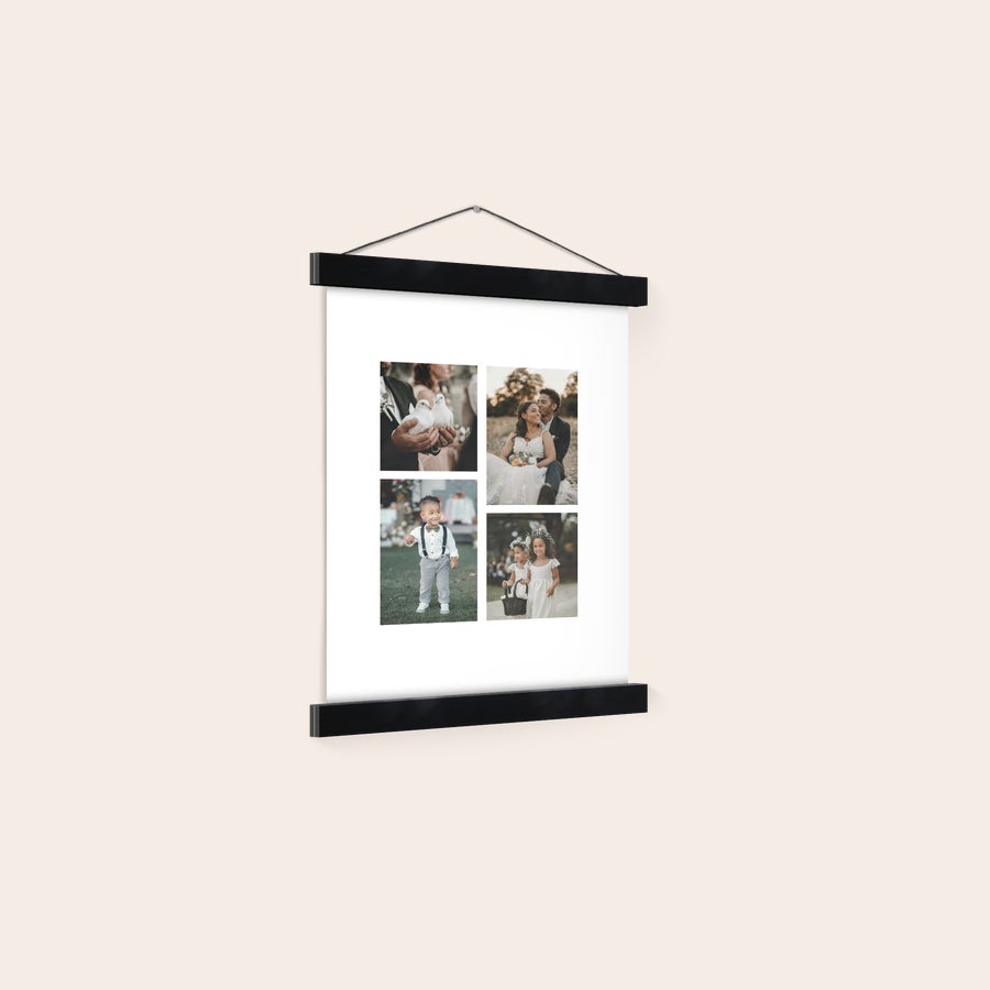 Póster personalizado com suporte Póster personalizado impresso com 4 fotos de casamento em estilo de colagem, com cabide de madeira. Imortalize os seus momentos.