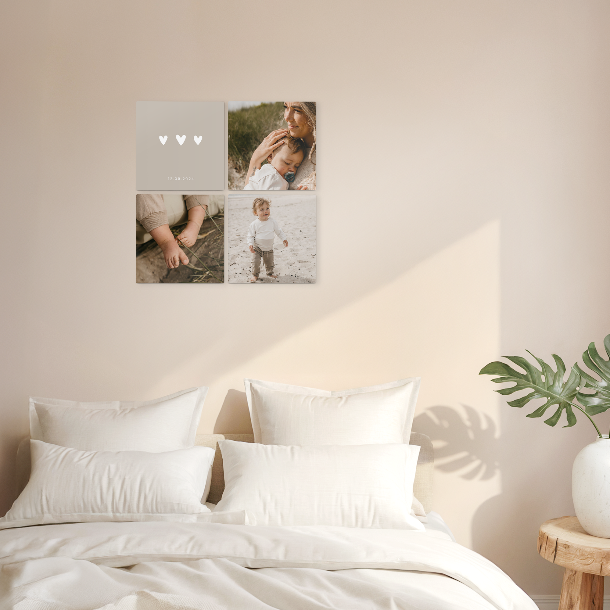 Quatre panneaux d'art mural en bois avec photo imprimée, cœurs et date personnalisés