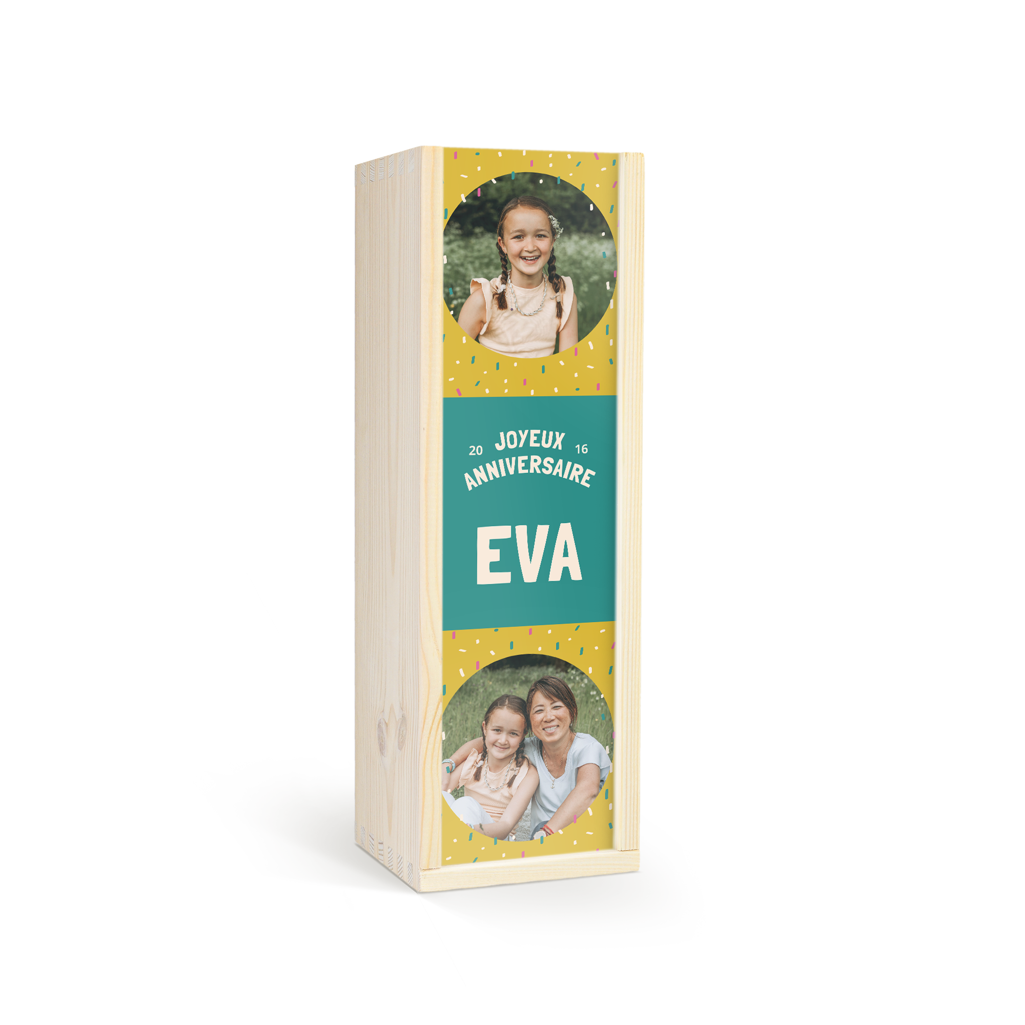 Bouteille de bulles pour enfants personnalisée avec photos et texte imprimés sur coffret en bois Joyeux Anniversaire Eva