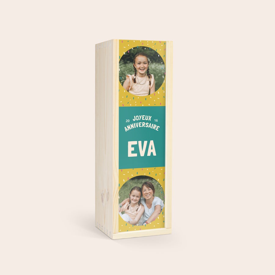 Champagne personnalisé pour enfants - Kidibul Bouteille de bulles pour enfants personnalisée avec photos et texte imprimés sur coffret en bois Joyeux Anniversaire Eva