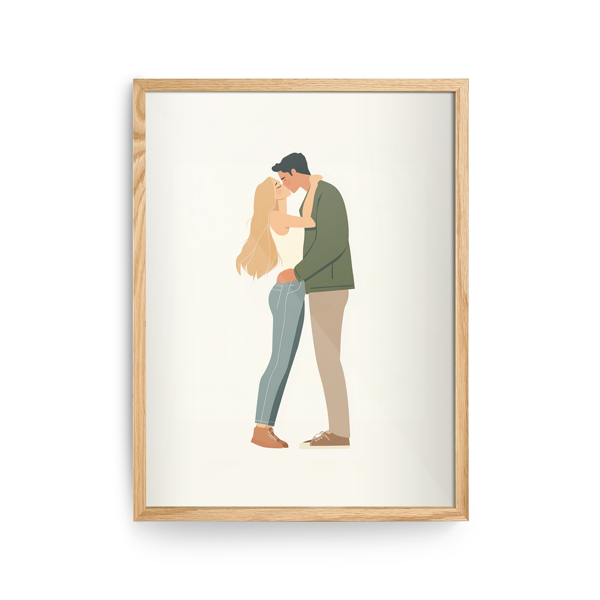 Affiche encadrée personnalisée avec illustration de couple s'embrassant, transformez votre plus beau moment photo en affiche.