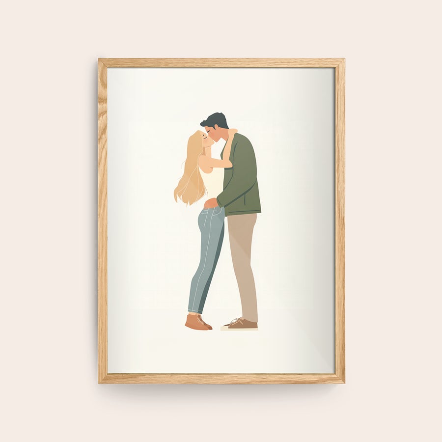 Foto in lijst bestellen Gepersonaliseerde fotoafdruk in houten lijst, geprint met illustratie van kussend stel, om jouw mooiste fotomoment aan de muur te hangen
