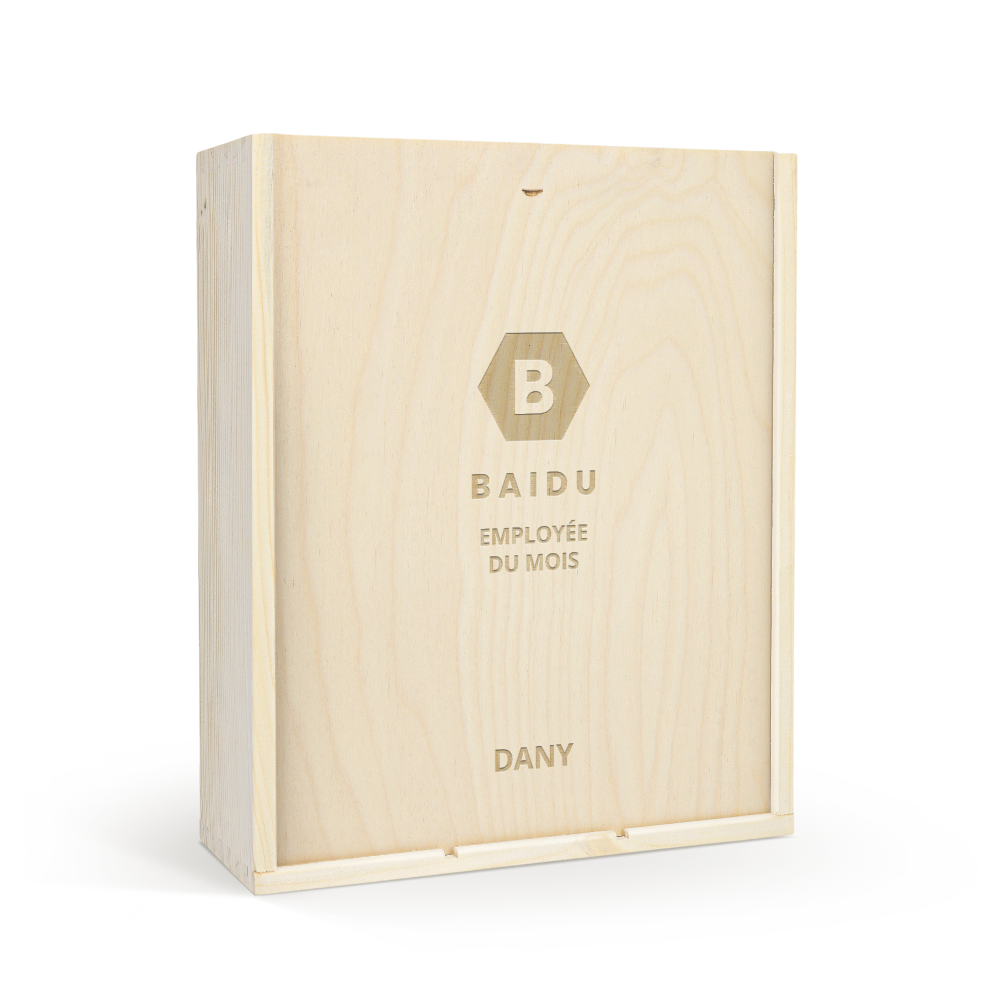 Coffret en bois personnalisé pour 3 bouteilles de Belvy gravé du texte Baidu Employée du mois et du prénom Dany.