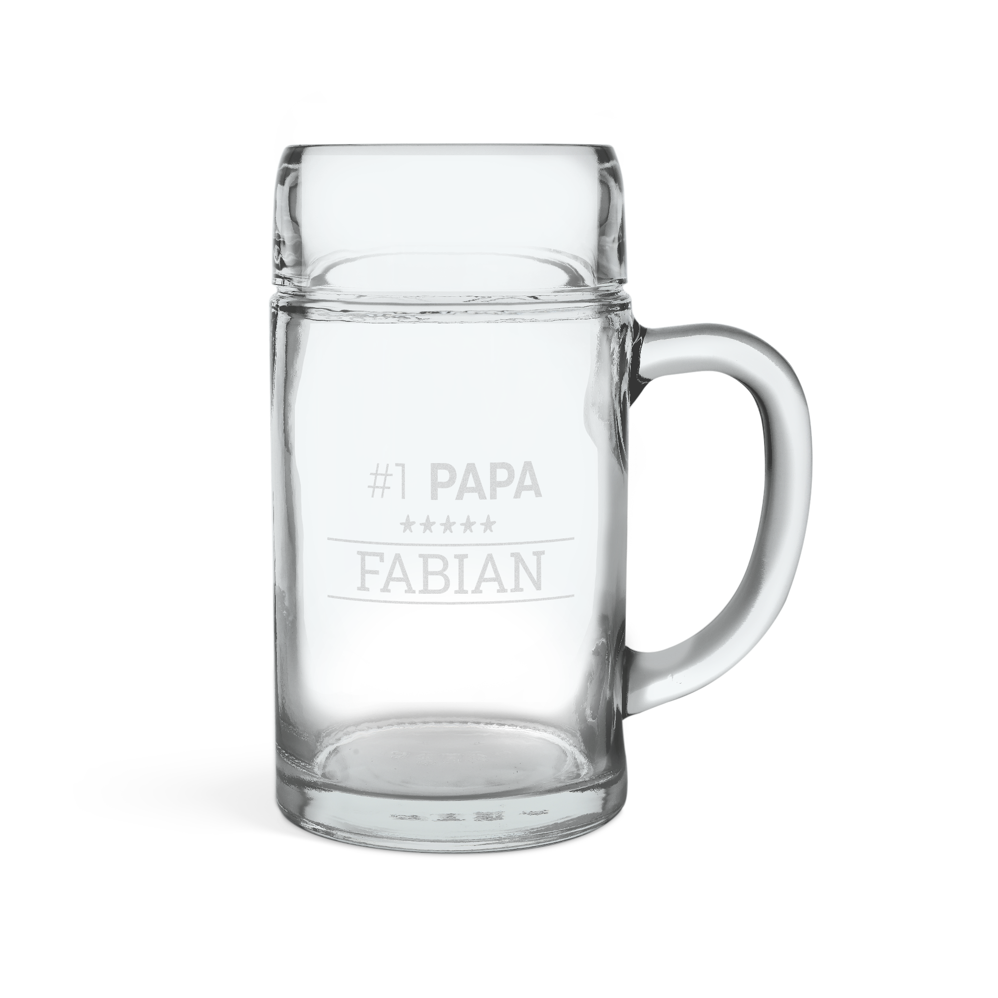Ein Hoch auf das schöne Leben mit diesem personalisierten Bierkrug 1 Liter! Der Krug ist mit "#1 Papa" fünf Sternen und "FABIAN" graviert.