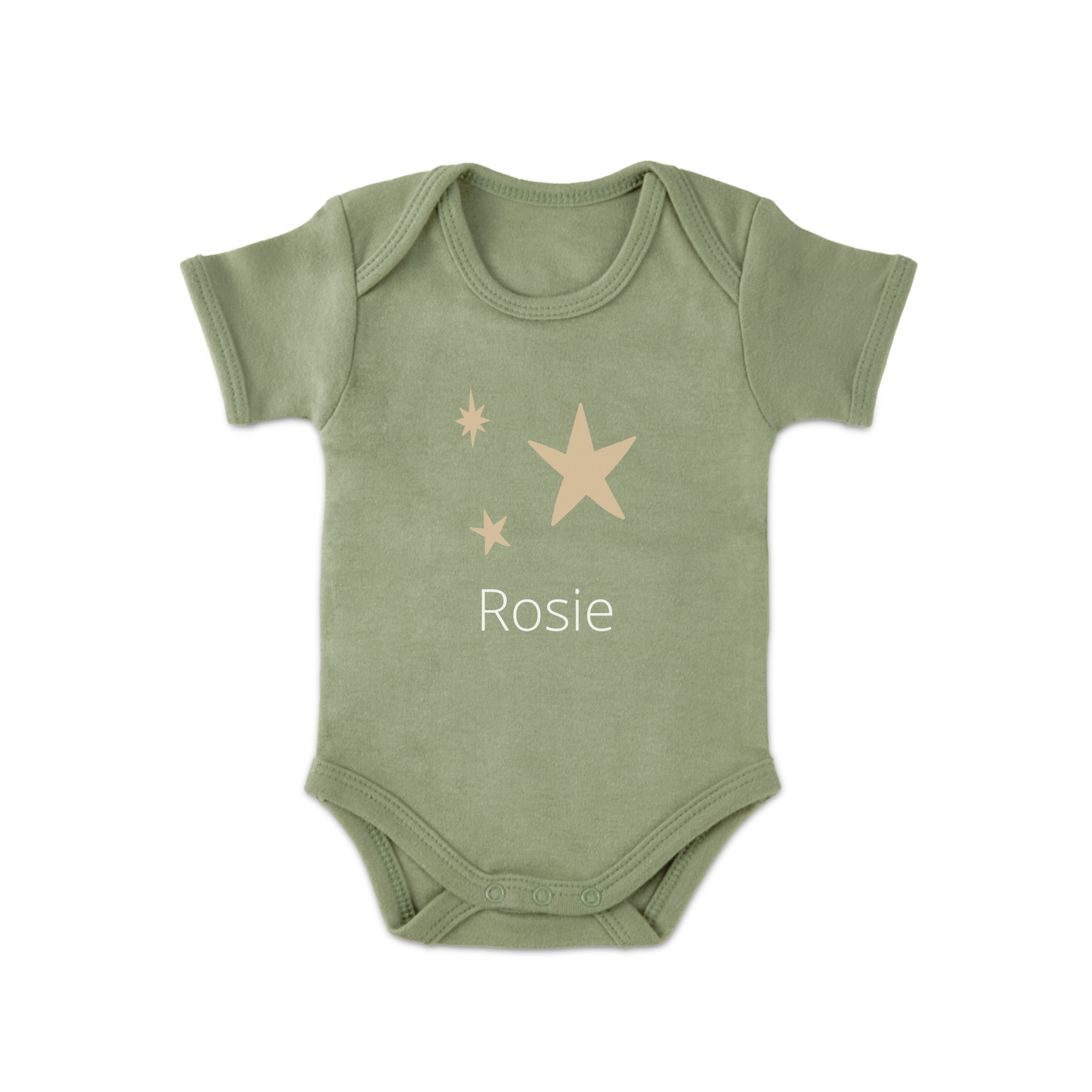 Cute green babygrow printed with light brown stars and the name Rosie, a great personalized babygrow gift for new parents.