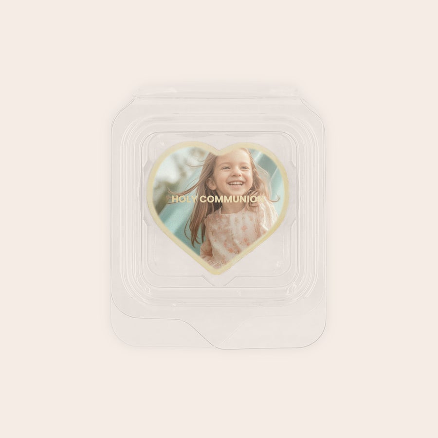Cioccolatini Segnaposto Personalizzati Bomboniera di cioccolato con foto di bambina sorridente e scritta Holy Communion stampata