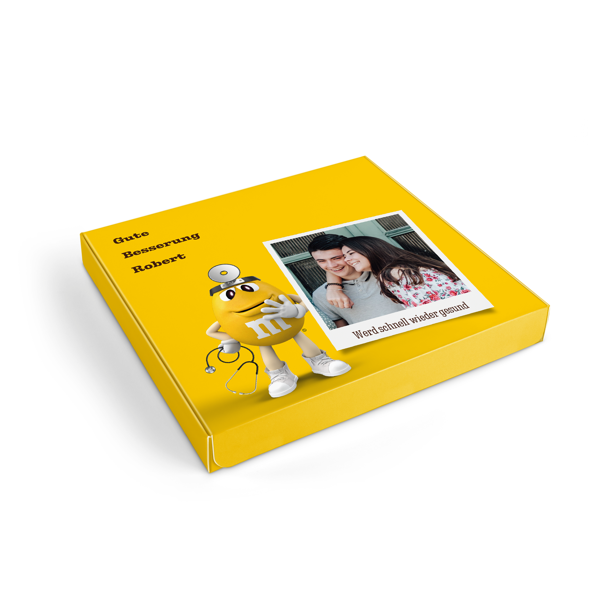 Personalisierte M&M´s Geschenkbox in Gelb, bedruckt mit Foto, Genesungswunsch und dem Namen Robert