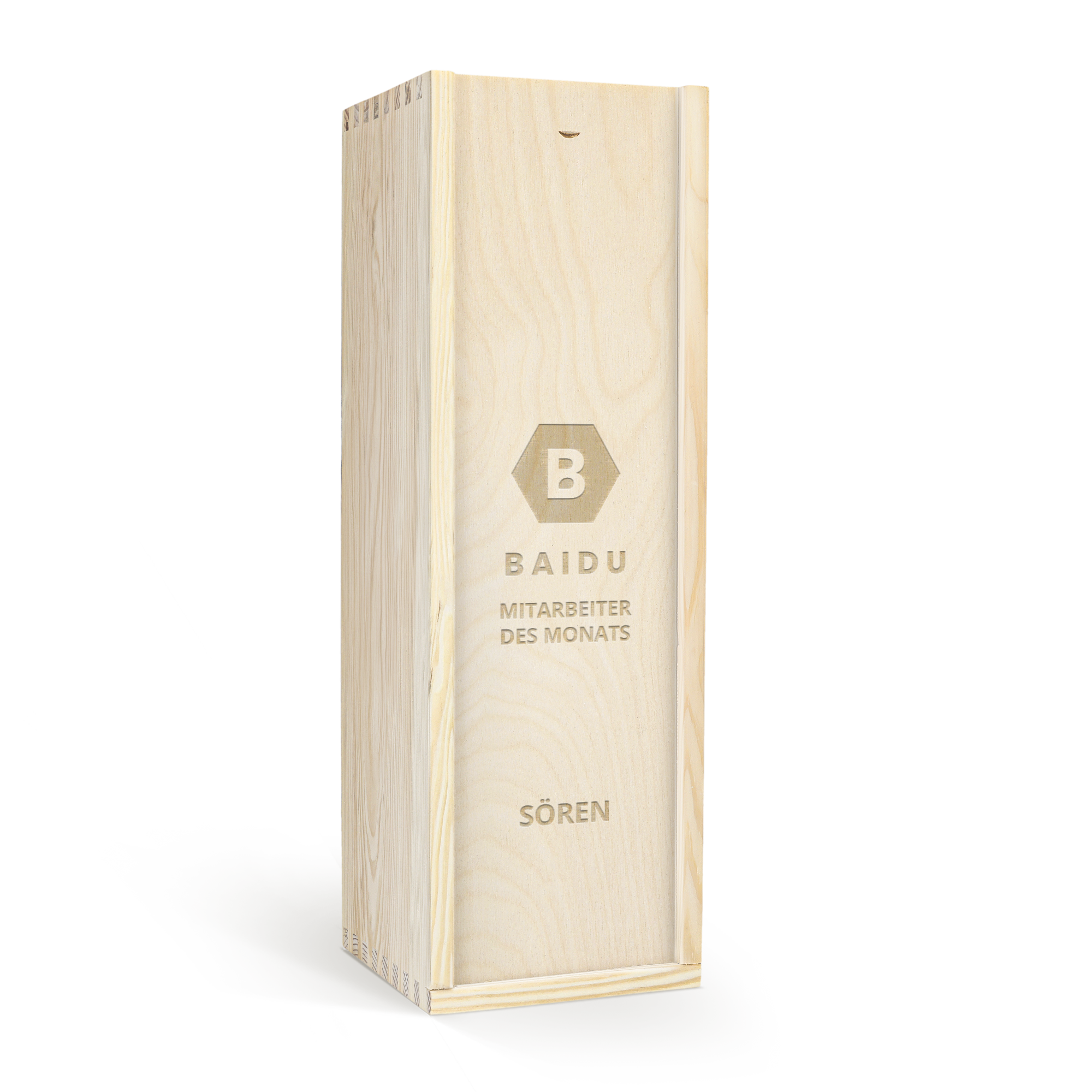 Gin in gravierter Holzkiste mit Namen SÖREN und Text MITARBEITER DES MONATS als personalisiertes Geschenk