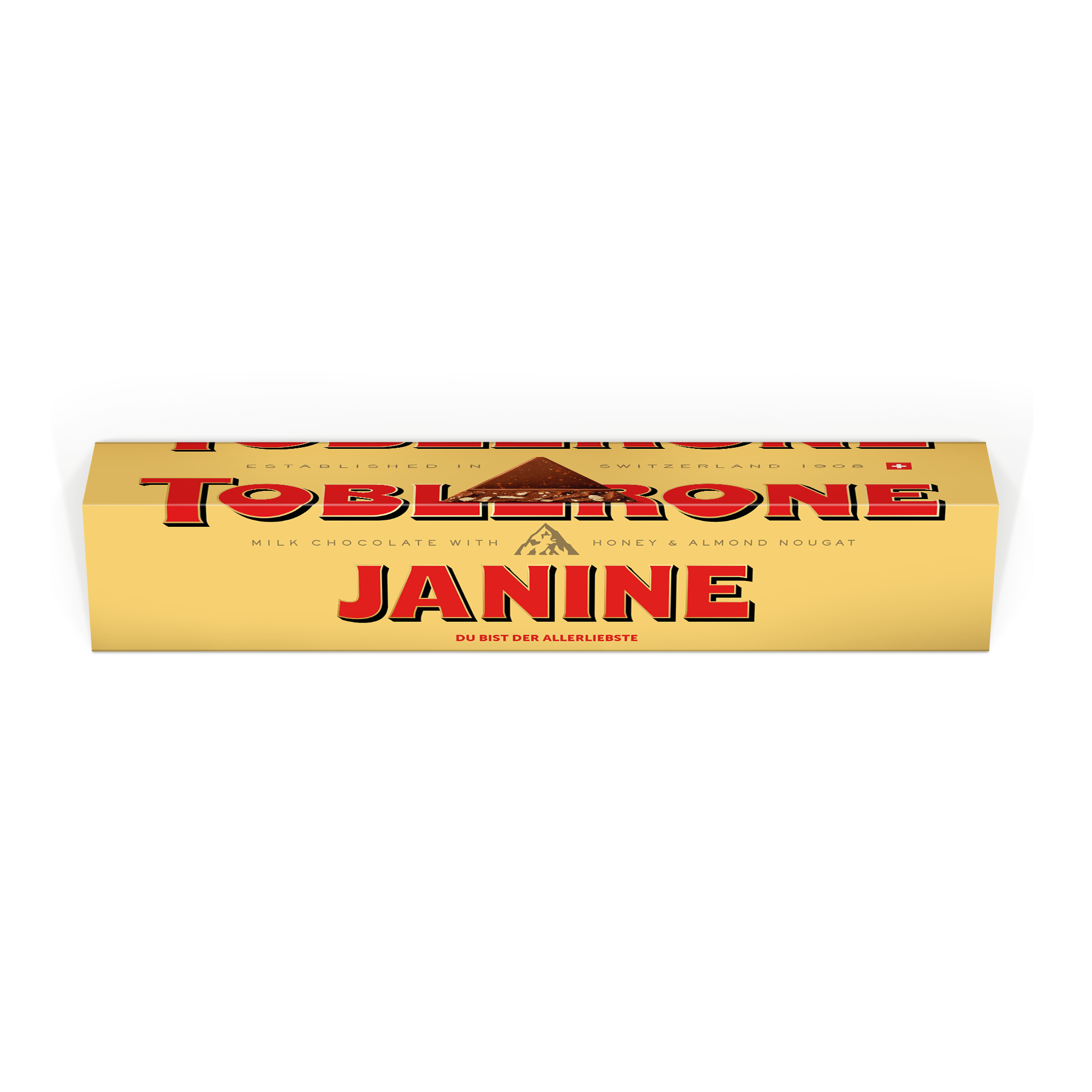 Personalisierte Toblerone 3600 Gramm mit aufgedrucktem Namen Janine und der Botschaft Du bist der Allerliebste.