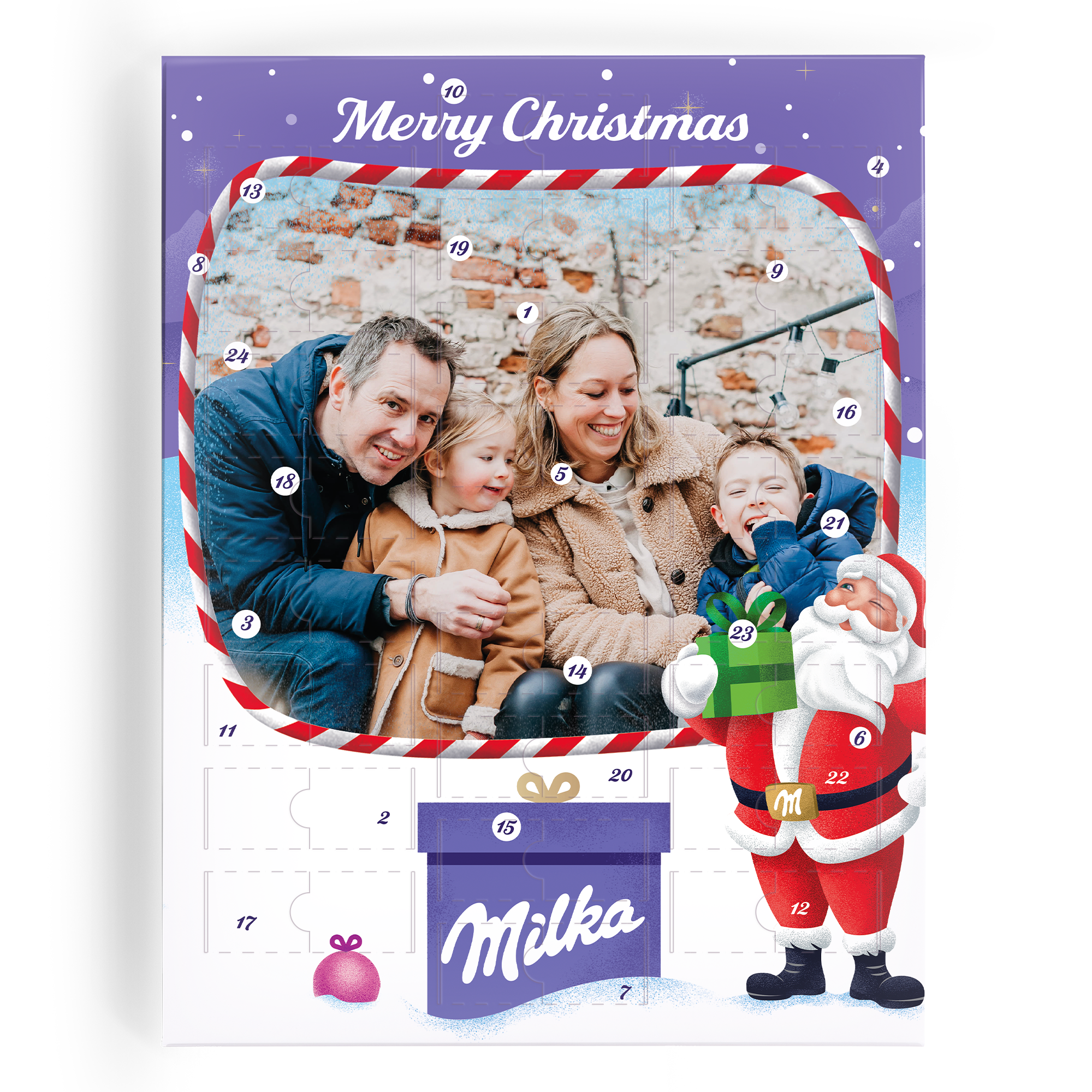 Zähl bis Weihnachten runter mit diesem personalisierten Adventskalender mit aufgedrucktem Familienfoto und dem Schriftzug "Merry Christmas" auf lila Hintergrund.