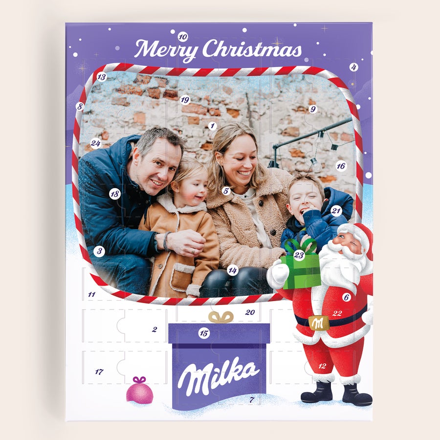 Calendar de advent personalizat Milka Favourites Calendar de Advent Milka, personalizat cu o fotografie de familie imprimată și text Merry Christmas. Numără invers până la Crăciun.