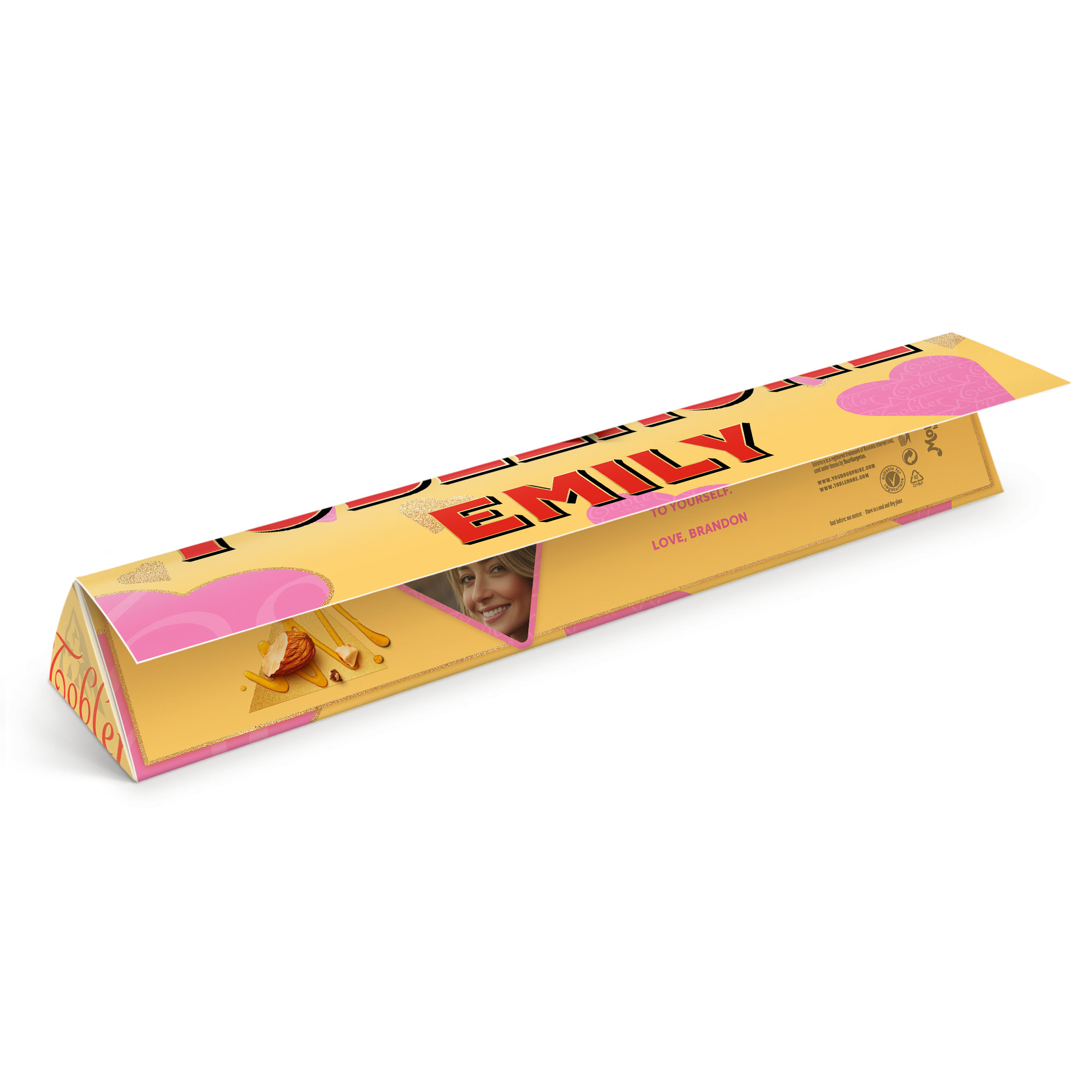 Velik Toblerone bar z ljubezensko tematiko, potiskan z imenom EMILY in fotografijo, dodan napis LOVE BRANDON.