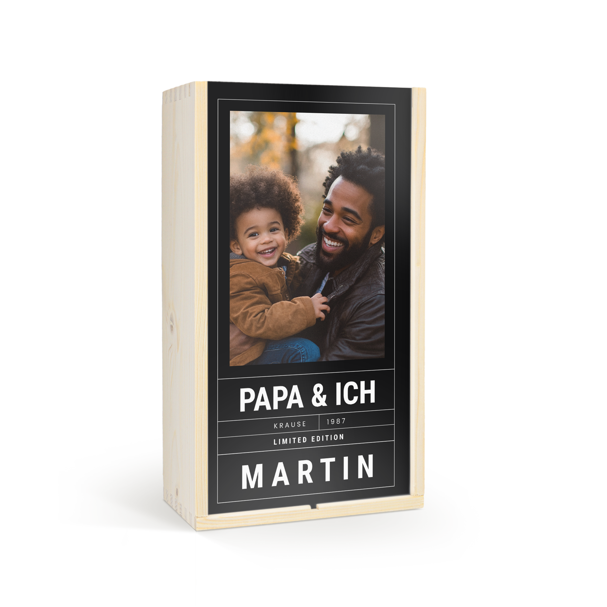 Westmalle Spezialbier in personalisierter Kiste mit Foto & Text "PAPA & ICH" und dem Namen "MARTIN", bedruckt.