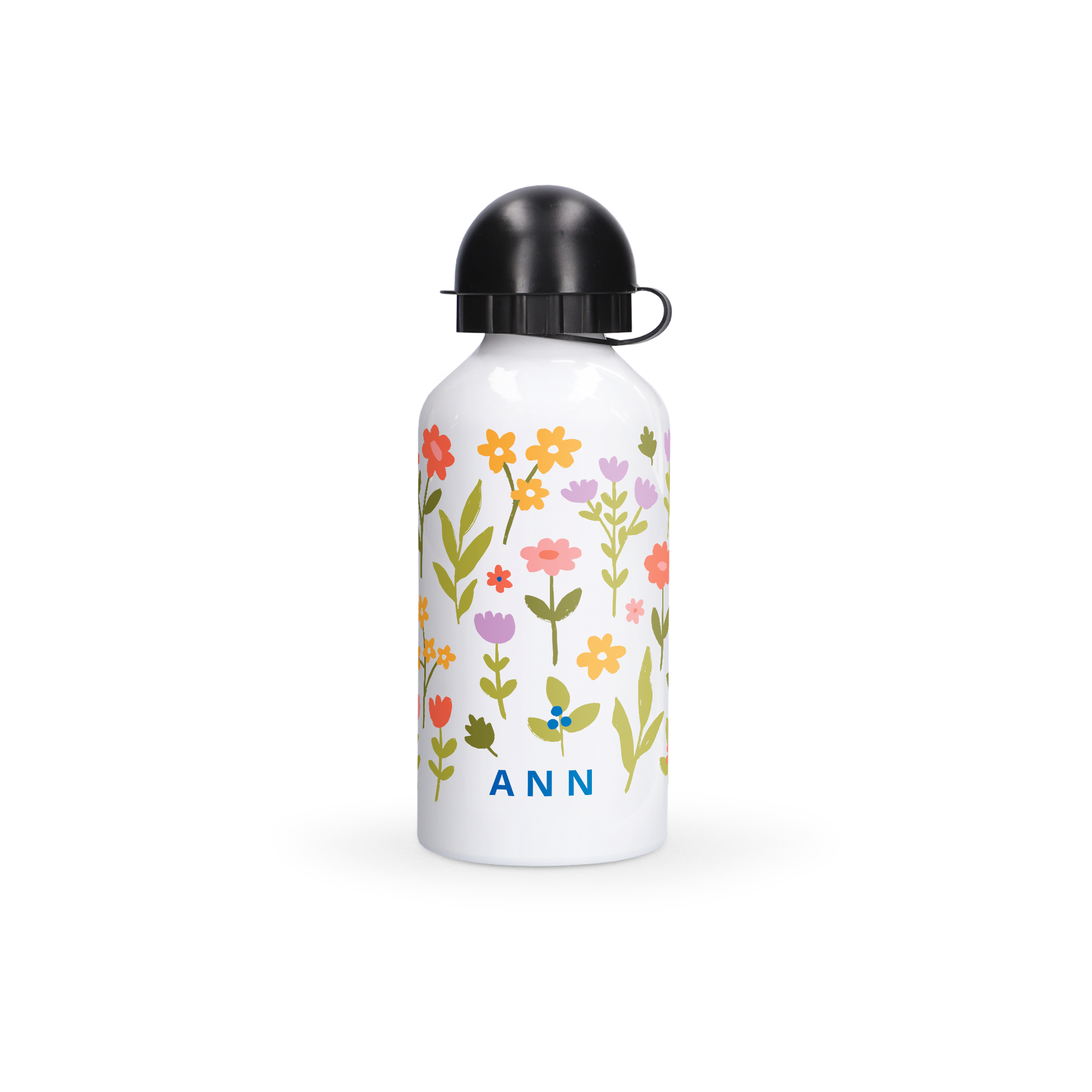 Bedruckte Trinkflasche mit Blumenmuster und dem Namen ANN, individuell gestaltbar mit eigenem Entwurf.