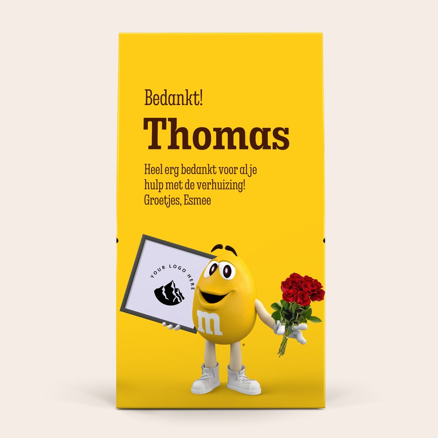 XL M&M's box personaliseren - 6 zakjes (714 gram) XL M&M's chocolade giftbox met foto, naam Thomas en tekst Bedankt voor je hulp
