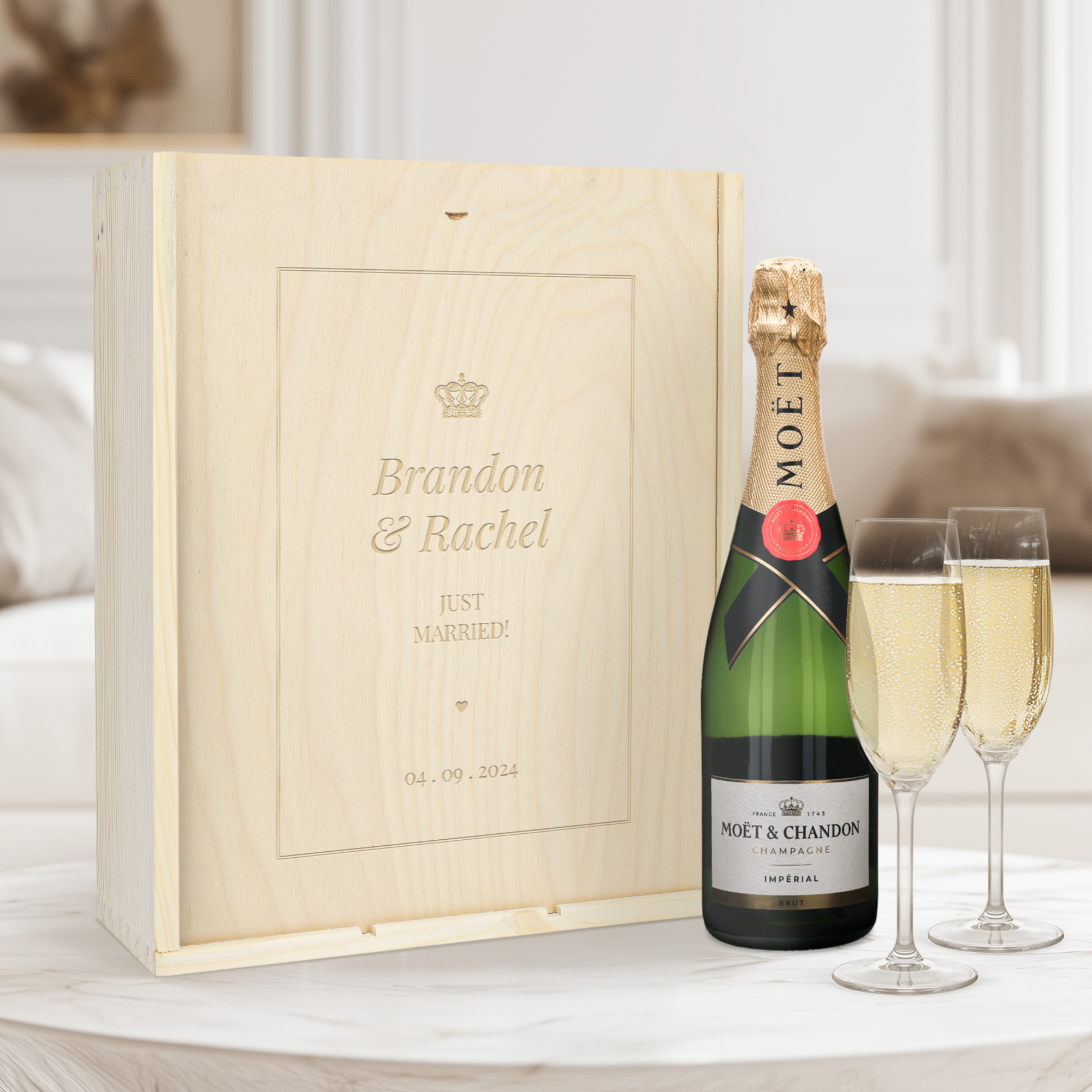 Darčekový set Moët et Chandon s gravírovanými pohármi a textom Brandon & Rachel Just Married! 04.09.2024