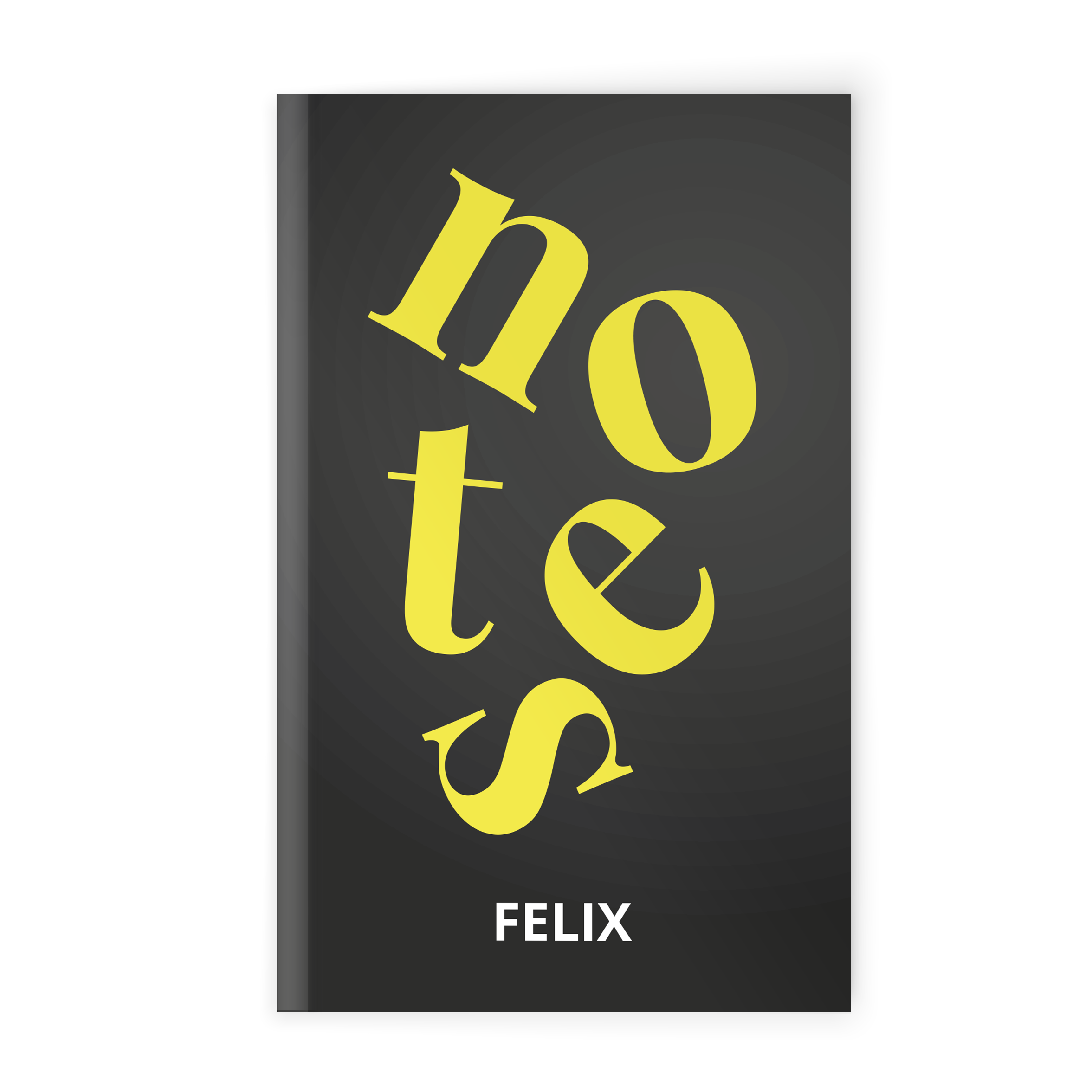 Personlig anteckningsbok med svart omslag textat med notes i gult och namnet Felix