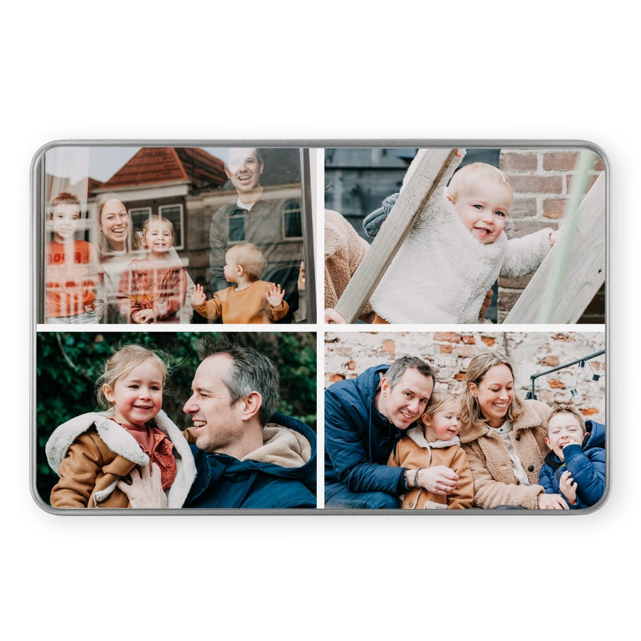 Rechteckige Geschenkdose mit einer Fotocollage von Familienbildern bedruckt, ideal für Süßigkeiten.