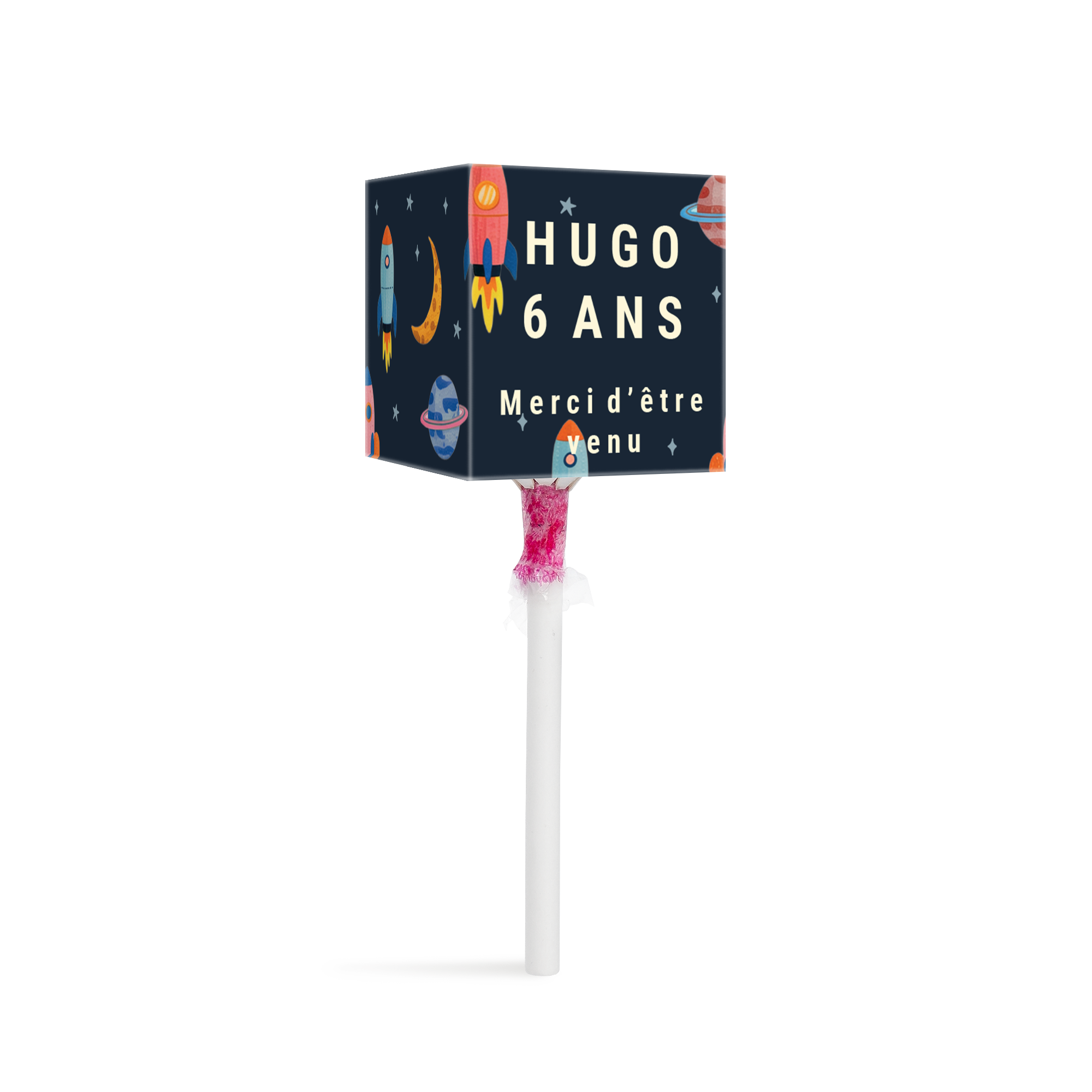 Boîte à sucettes 20 pièces personnalisable avec prénom Hugo, âge 6 ans et le texte Merci d'être venu, imprimée sur le thème de l'espace