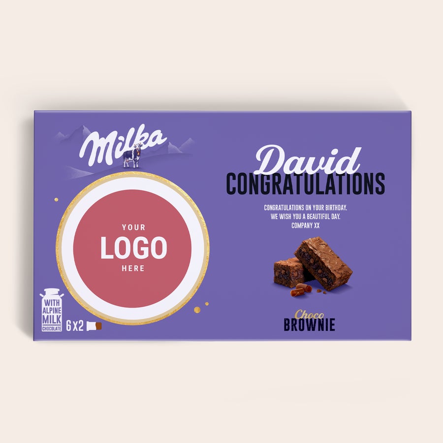 Milka Brownies Cutie cadou personalizata Milka Choco Brownie mov cu logo si text David, imprimata cu urari de ziua de nastere