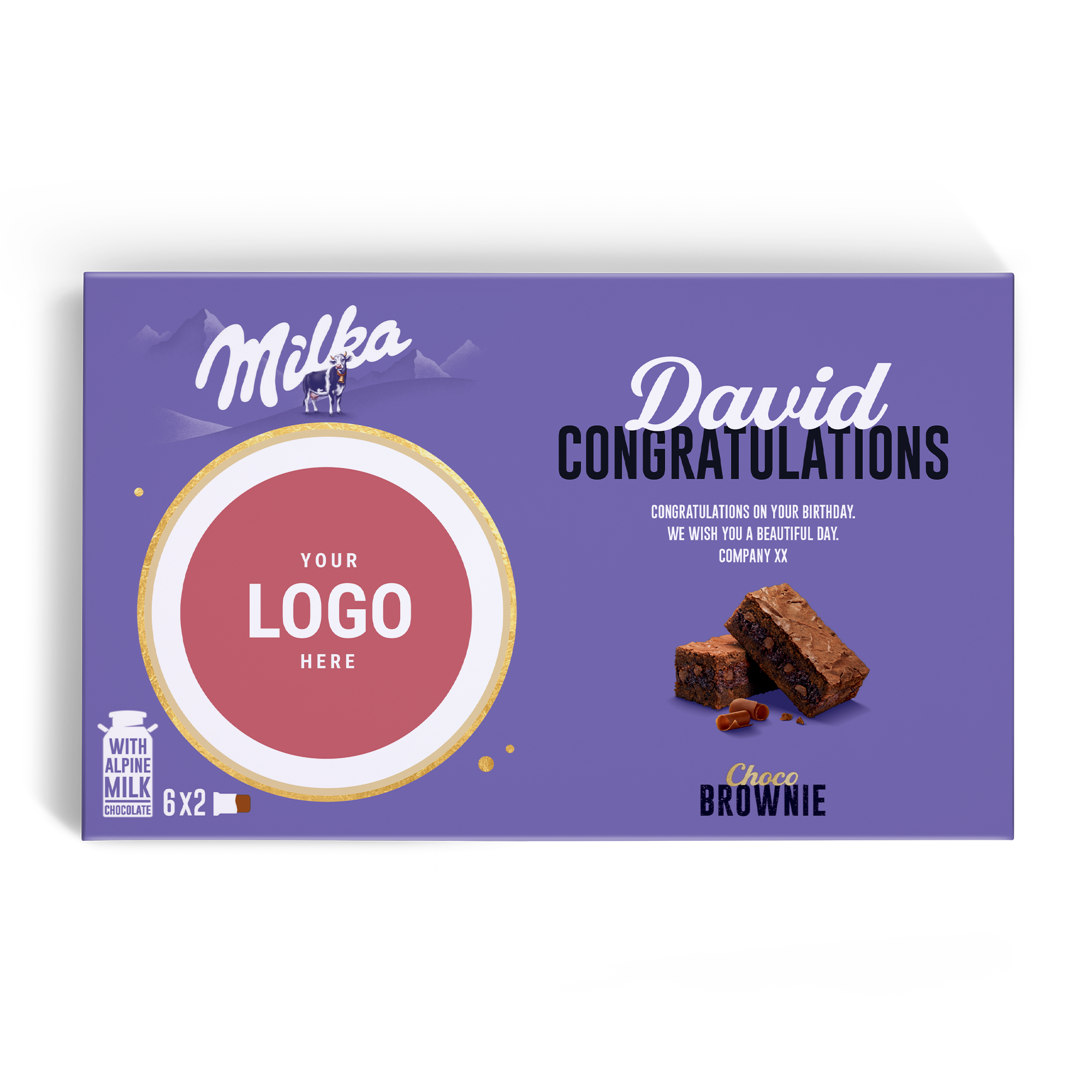 Milka Choco Brownie -lahjapaketti personoitavalla valokuvalla ja David-nimellä, täysväripainatuksella.