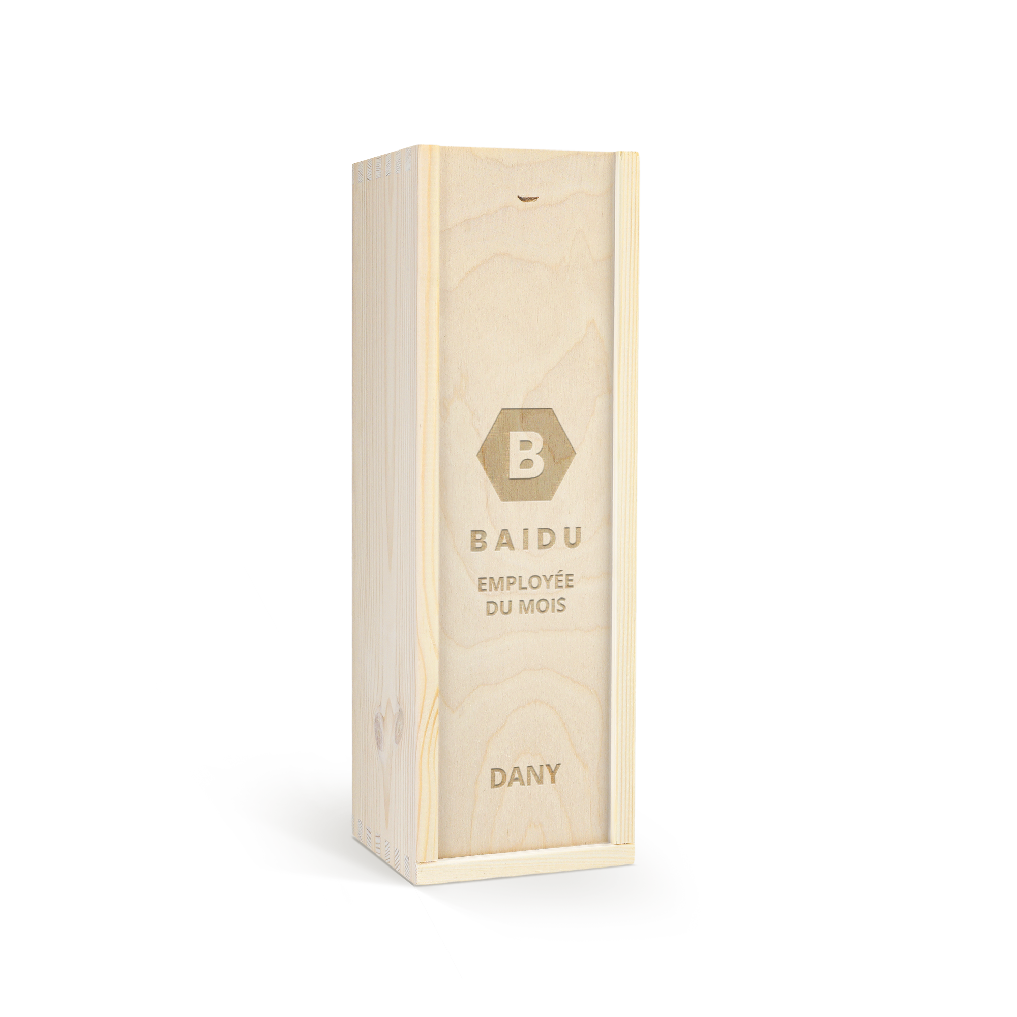 Coffret cadeau en bois clair gravé pour whisky Jameson avec texte personnalisé Baidu Employée du mois Dany