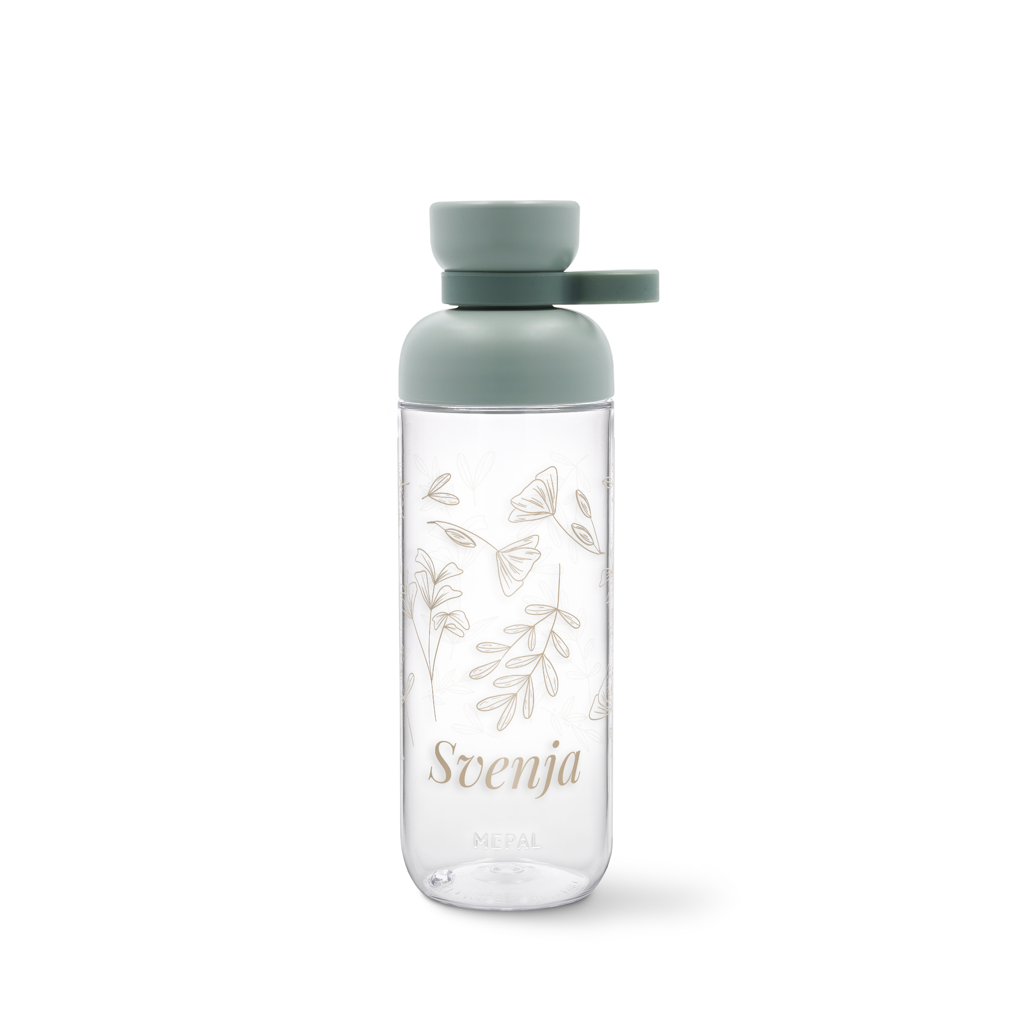 Transparente Mepal Wasserflasche mit grünem Deckel, personalisiert mit goldenen Blumenmustern und dem Namen Svenja