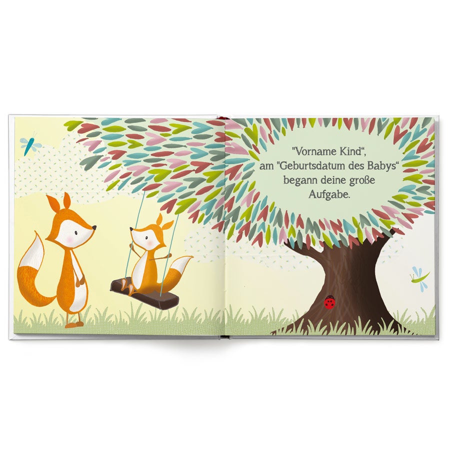 Personalisiertes Kinderbuch mit Name und Füchsen, Text bedruckt "Vorname Kind", "Geburtsdatum des Babys"