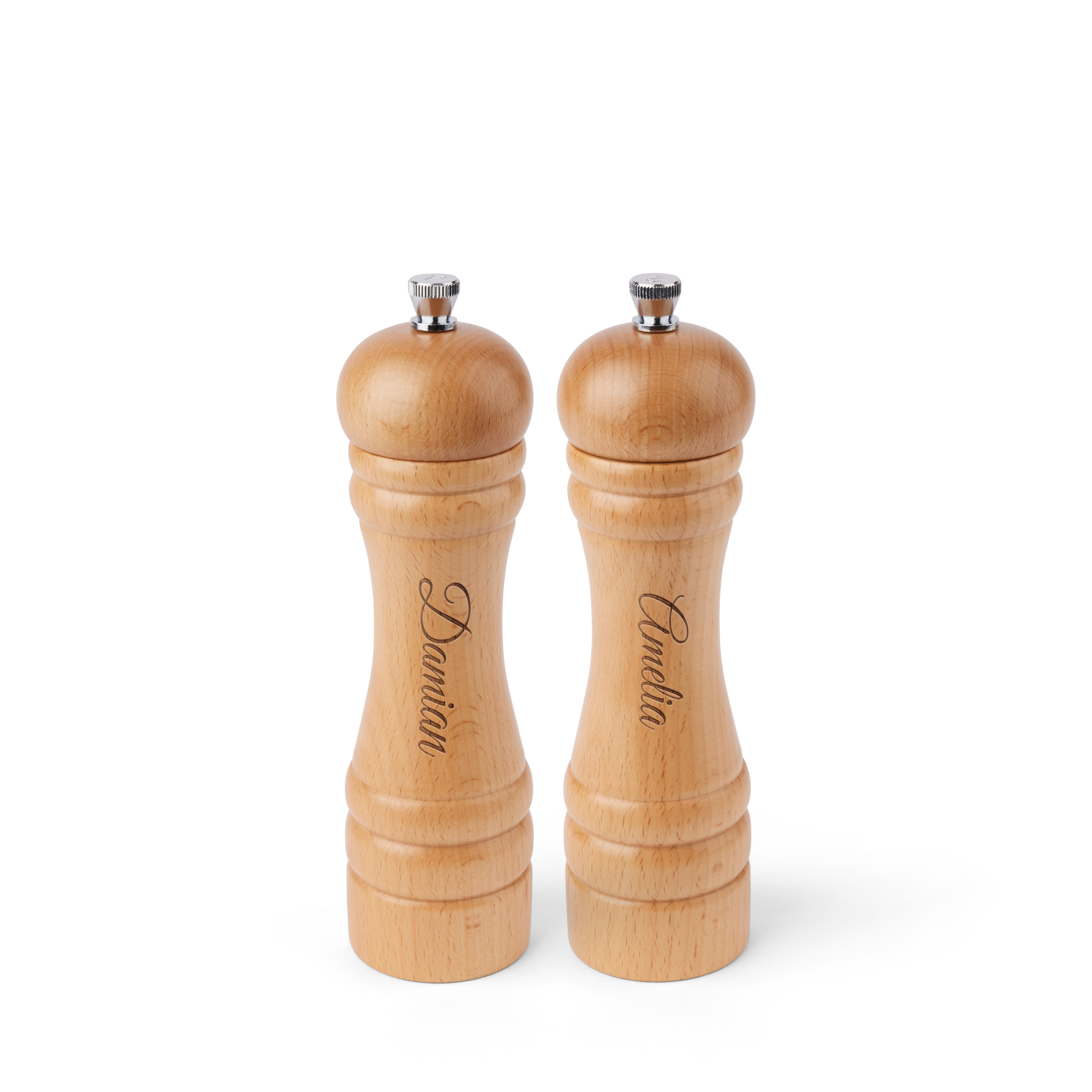 Unikatowy zestaw młynków do soli i pieprzu z drewna bukowego, grawerowany imieniem Damian i Amelia