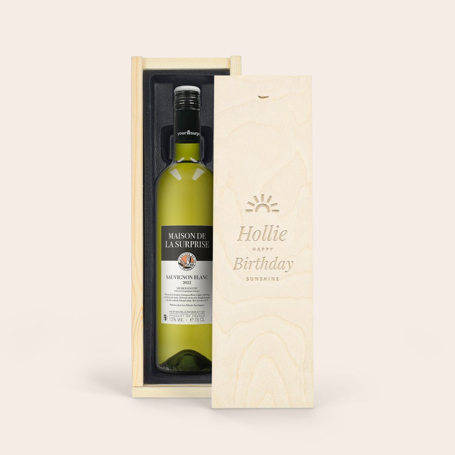 Personalised Wine - Maison de la Surprise Sauvignon Blanc Maison de la Surprise Sauvignon Blanc wine in a deluxe engraved wooden case with a personalized birthday message