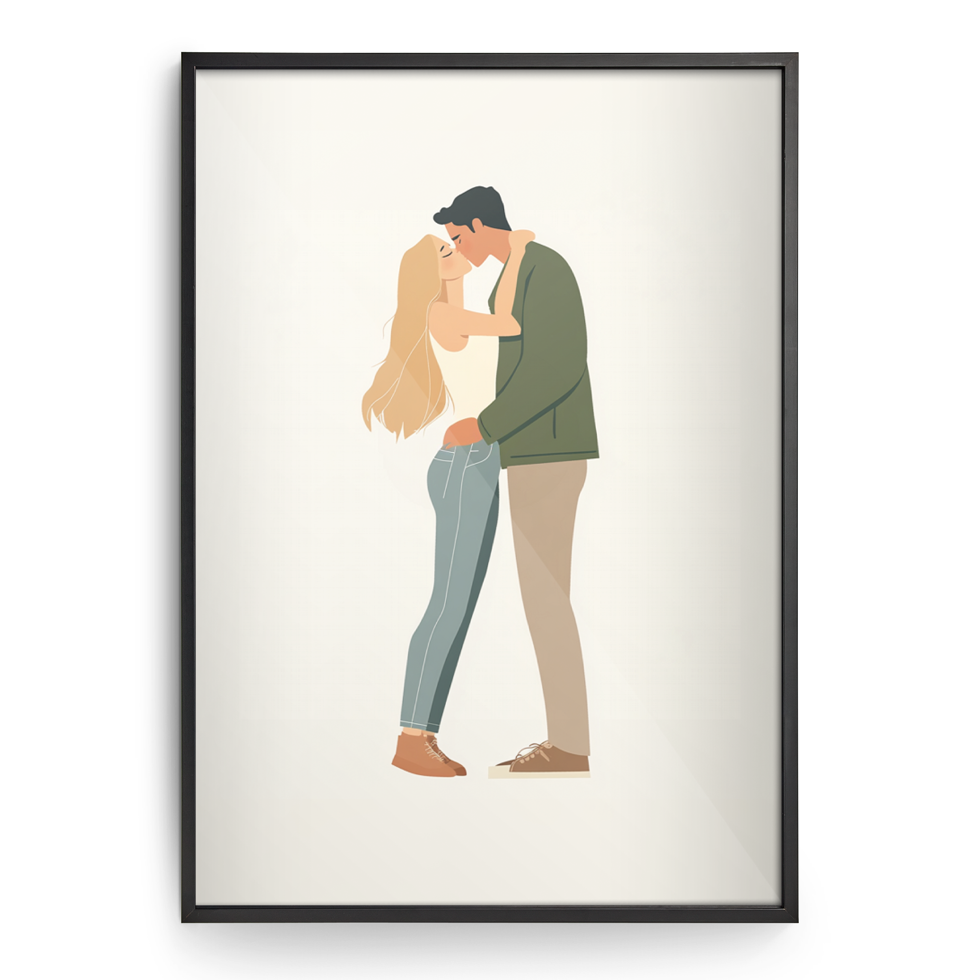 Personlig fotoplakat i sort træramme med illustration af et kysset par, trykt med dit design